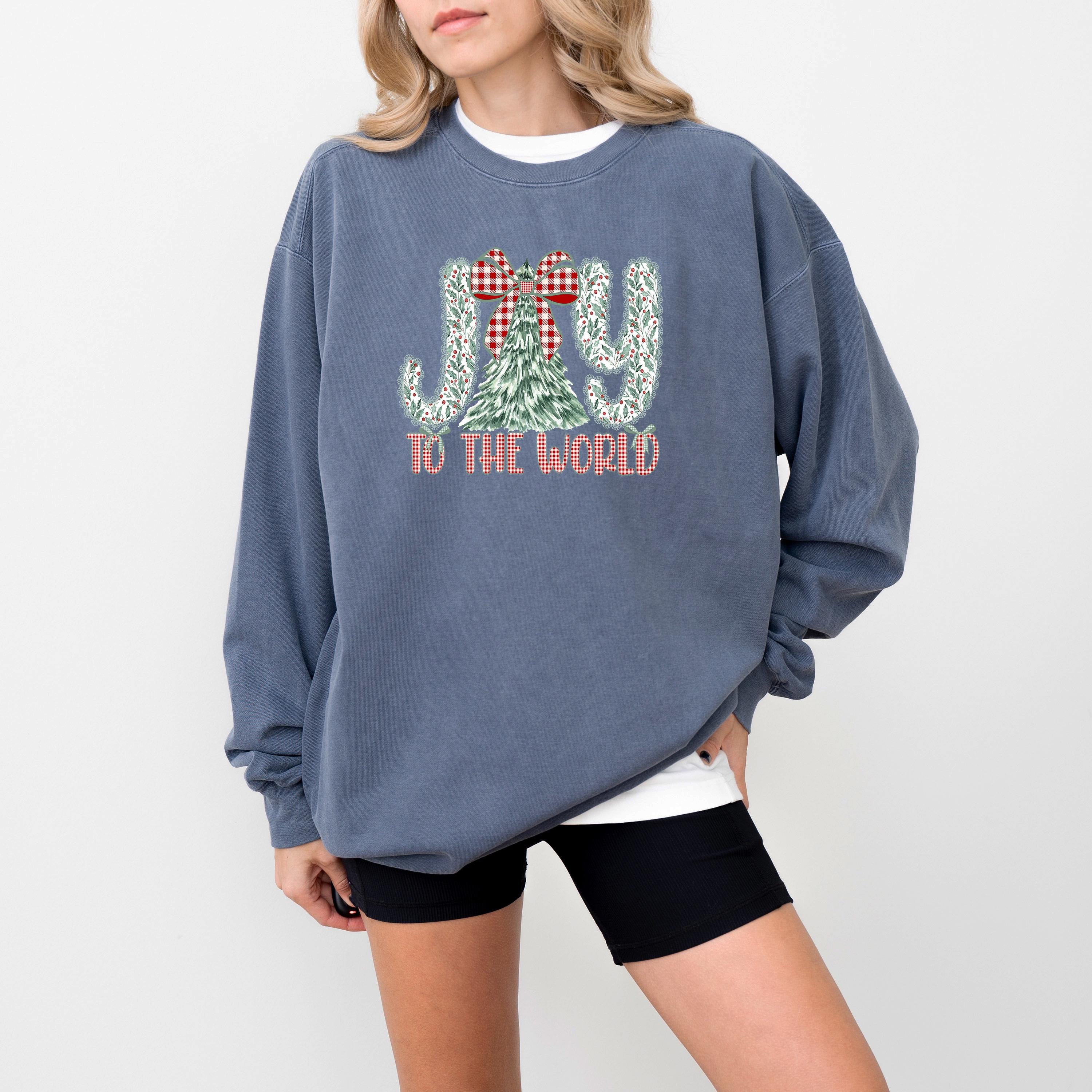 Joy to the World Christmas Comfort Colors Sweatshirt: Retro Christmas Tree Design, Santa Christmas Sweater, Red Plaid Bow Holiday Crewneck,