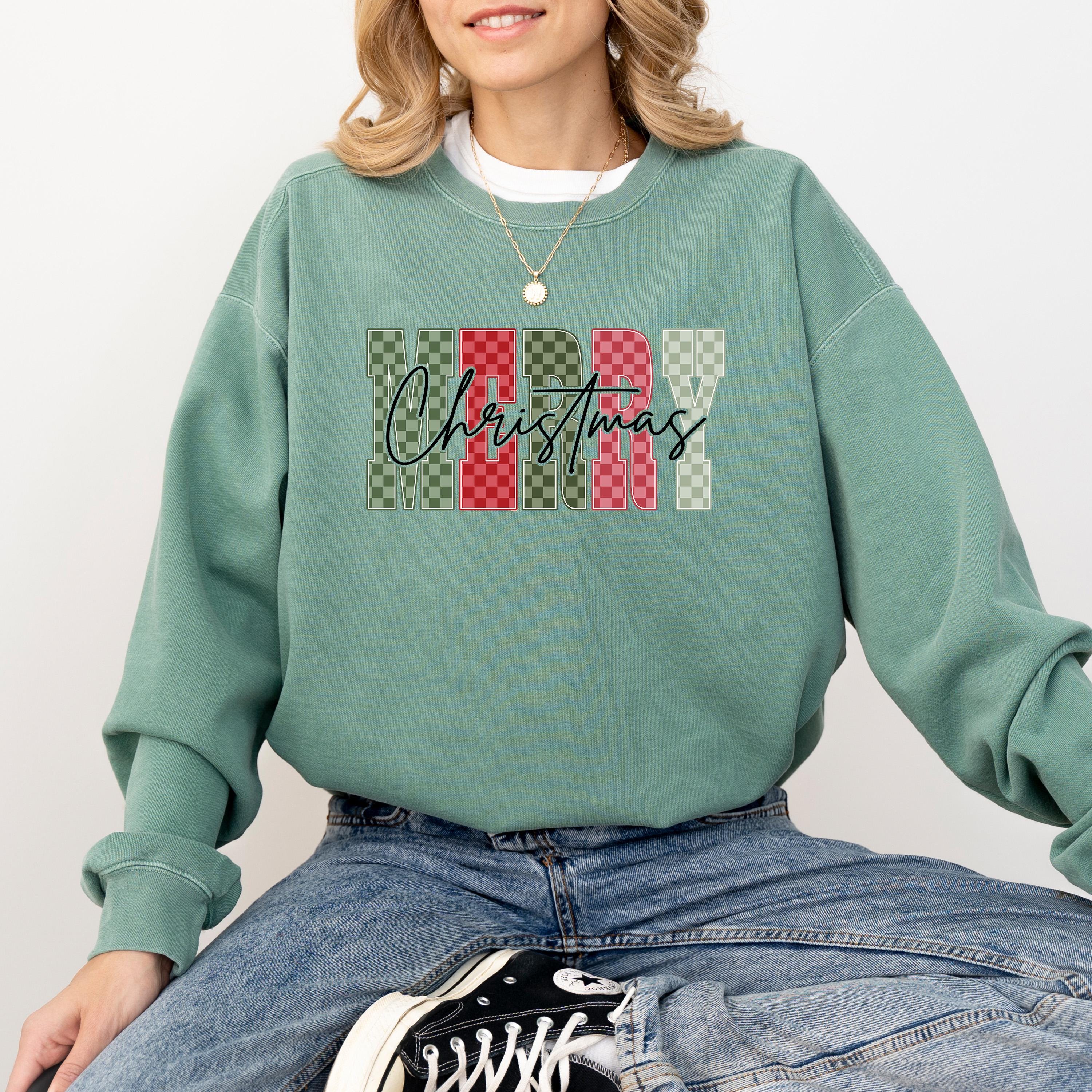 Checkered Merry Christmas Comfort Colors Sweatshirt: Retro Christmas Tree Design, Santa Christmas Sweater, Red Plaid Bow Holiday Crewneck,