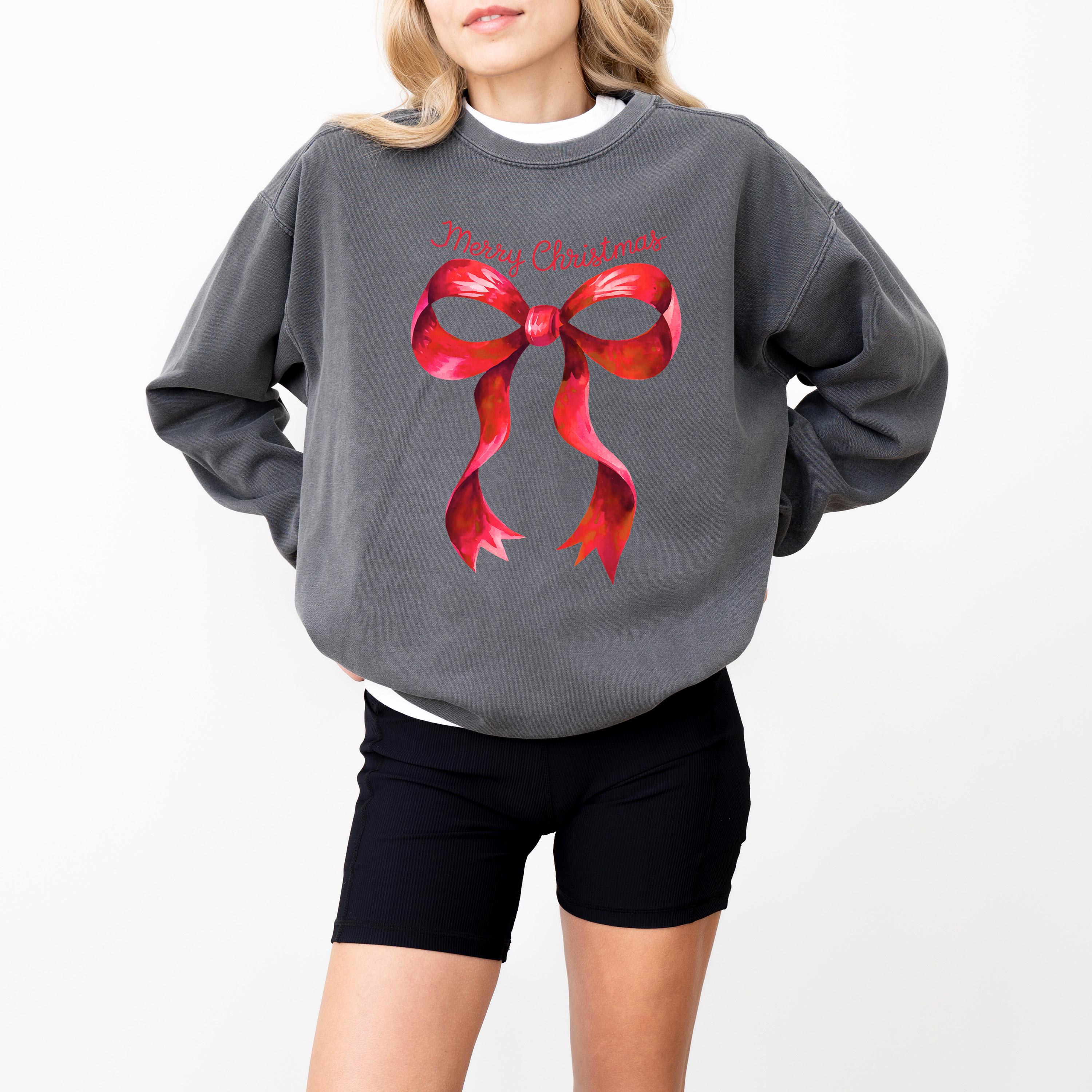 Merry Christmas Comfort Colors Sweatshirt: Retro Christmas Bow Design, Girly Christmas Sweater, Red Plaid Bow Holiday Crewneck,