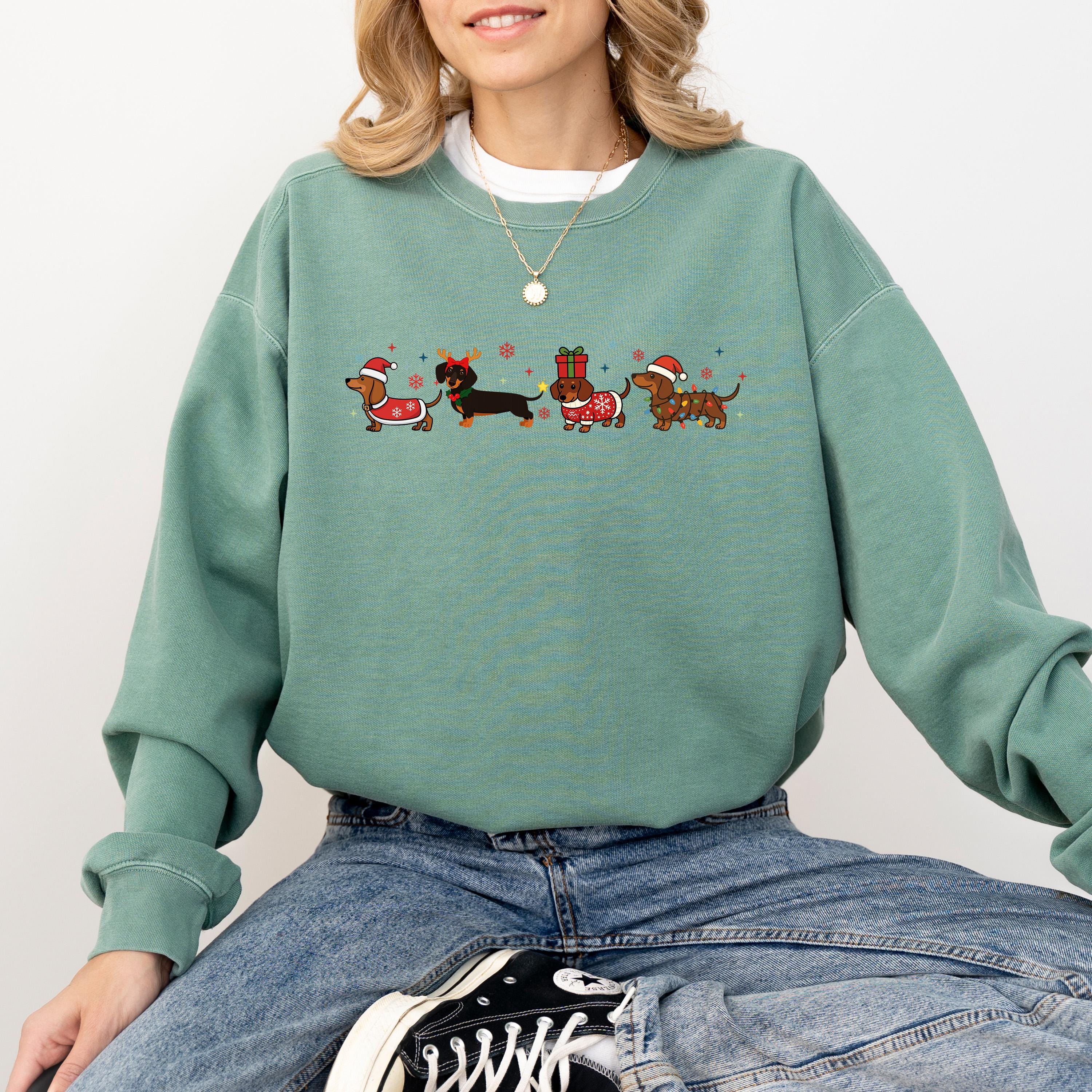 Christmas Dachshund Comfort Colors Sweatshirt: Retro Christmas Bow Design, Christmas Sweater, Dog Holiday Crewneck, Weiner Dog Design
