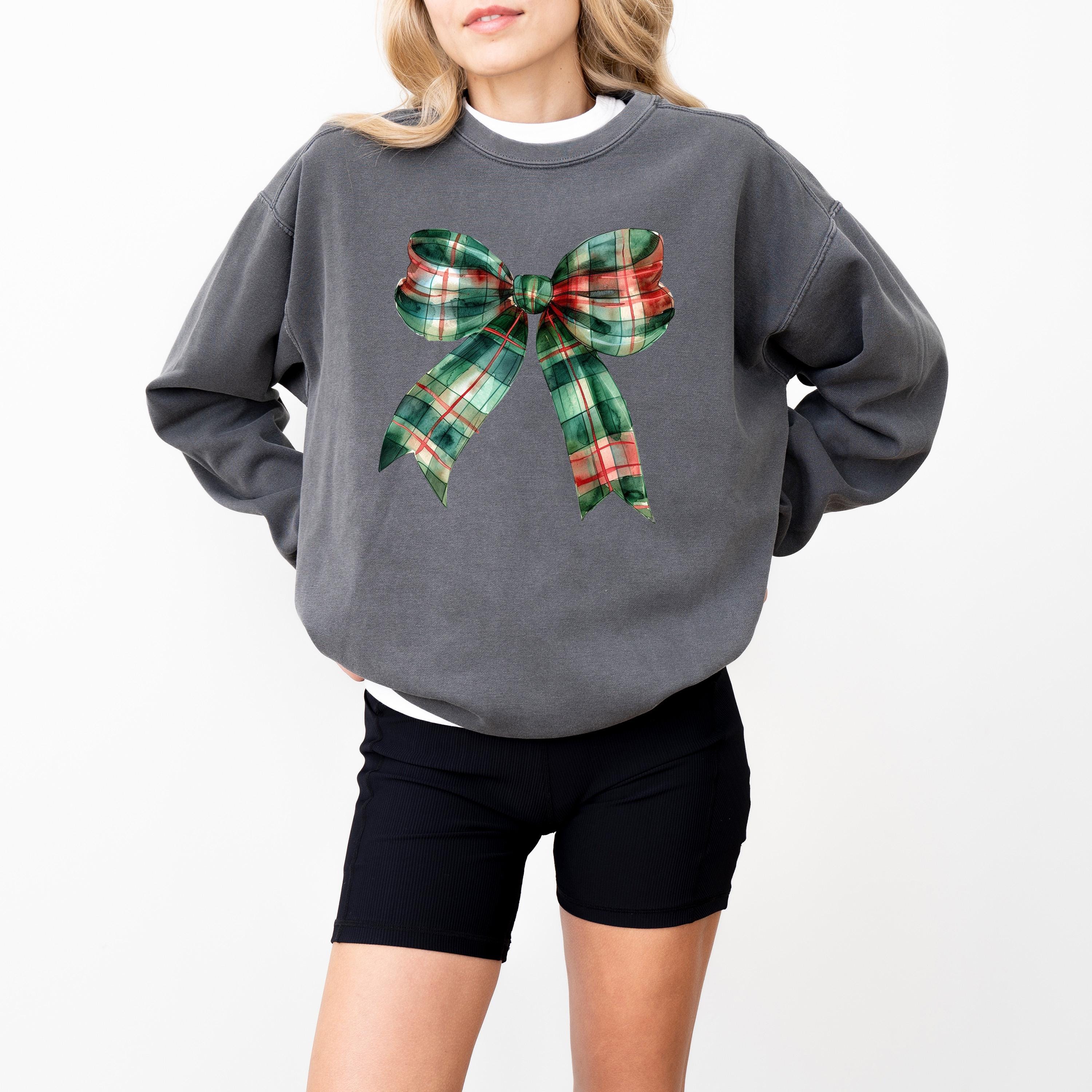 Plaid Christmas Bow Comfort Colors Sweatshirt: Retro Christmas Bow Design, Girly Christmas Sweater, RL Bow Holiday Crewneck,