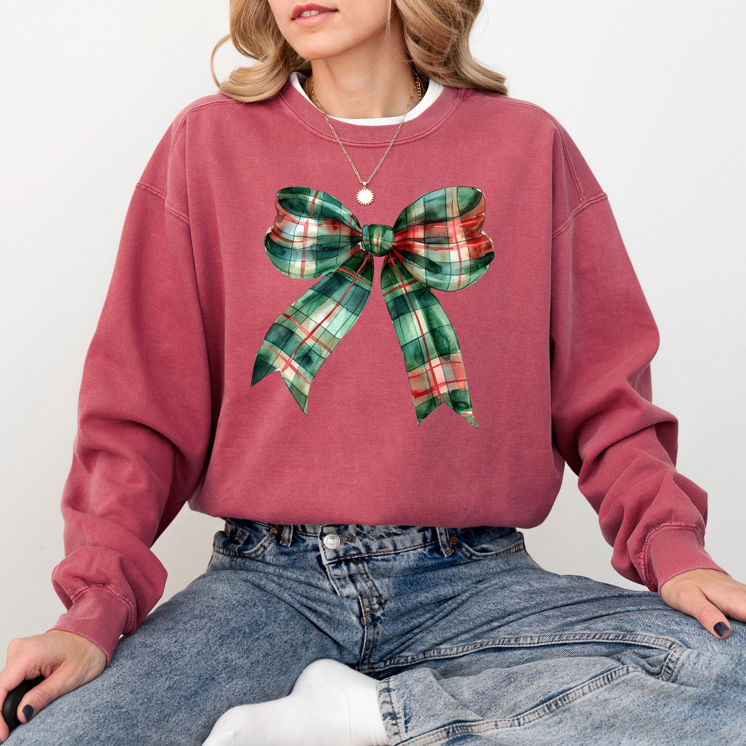 Plaid Christmas Bow Comfort Colors Sweatshirt: Retro Christmas Bow Design, Girly Christmas Sweater, RL Bow Holiday Crewneck,