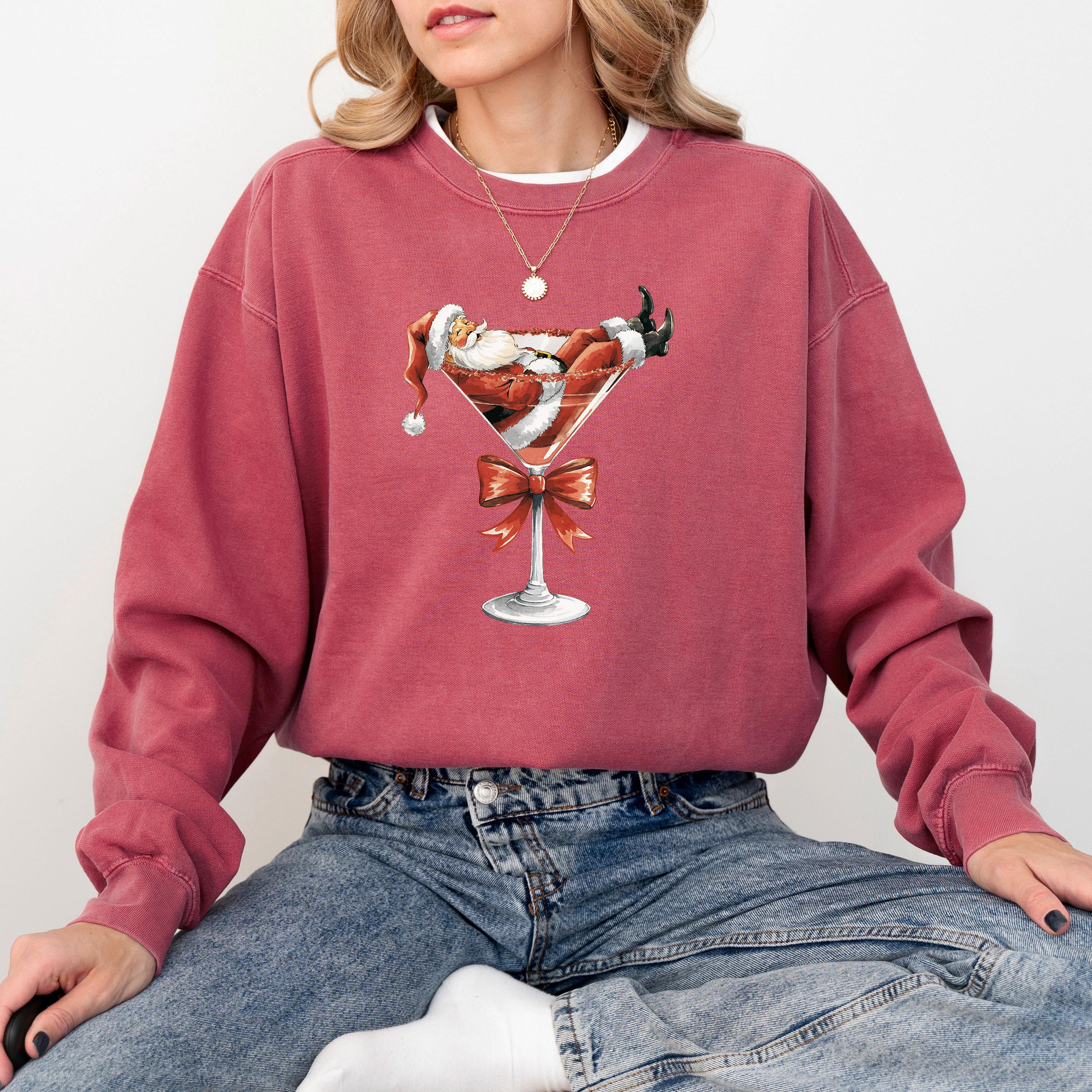 Martini Cocktail Christmas Comfort Colors Sweatshirt: Retro Santa Christmas Bow Design, Christmas Sweater, Cute Holiday Santa Crewneck,
