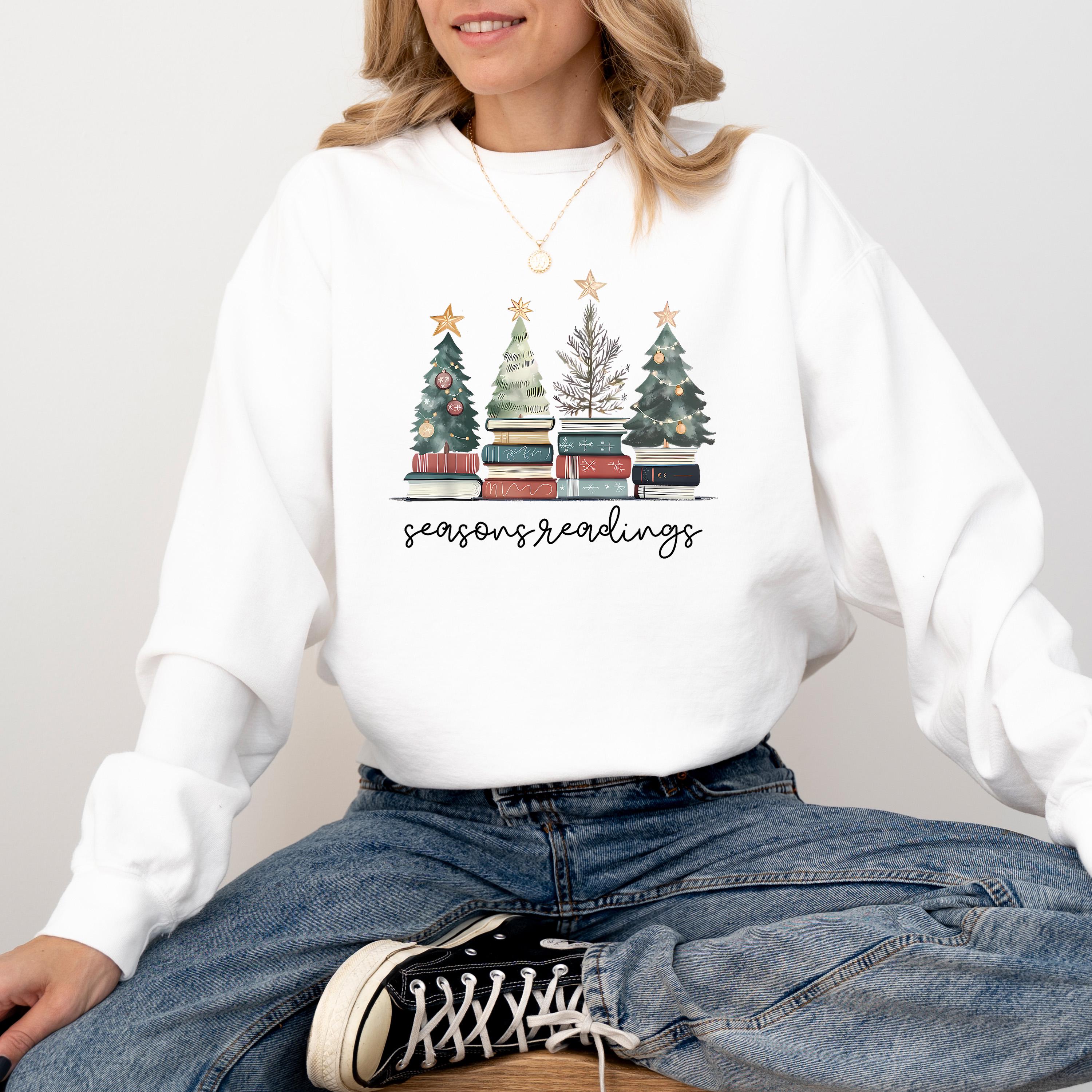 Seasons Readings Comfort Colors Christmas Sweatshirt: Retro Christmas Tree Design, Bookish Christmas Sweater, RL Bow Holiday Crewneck,