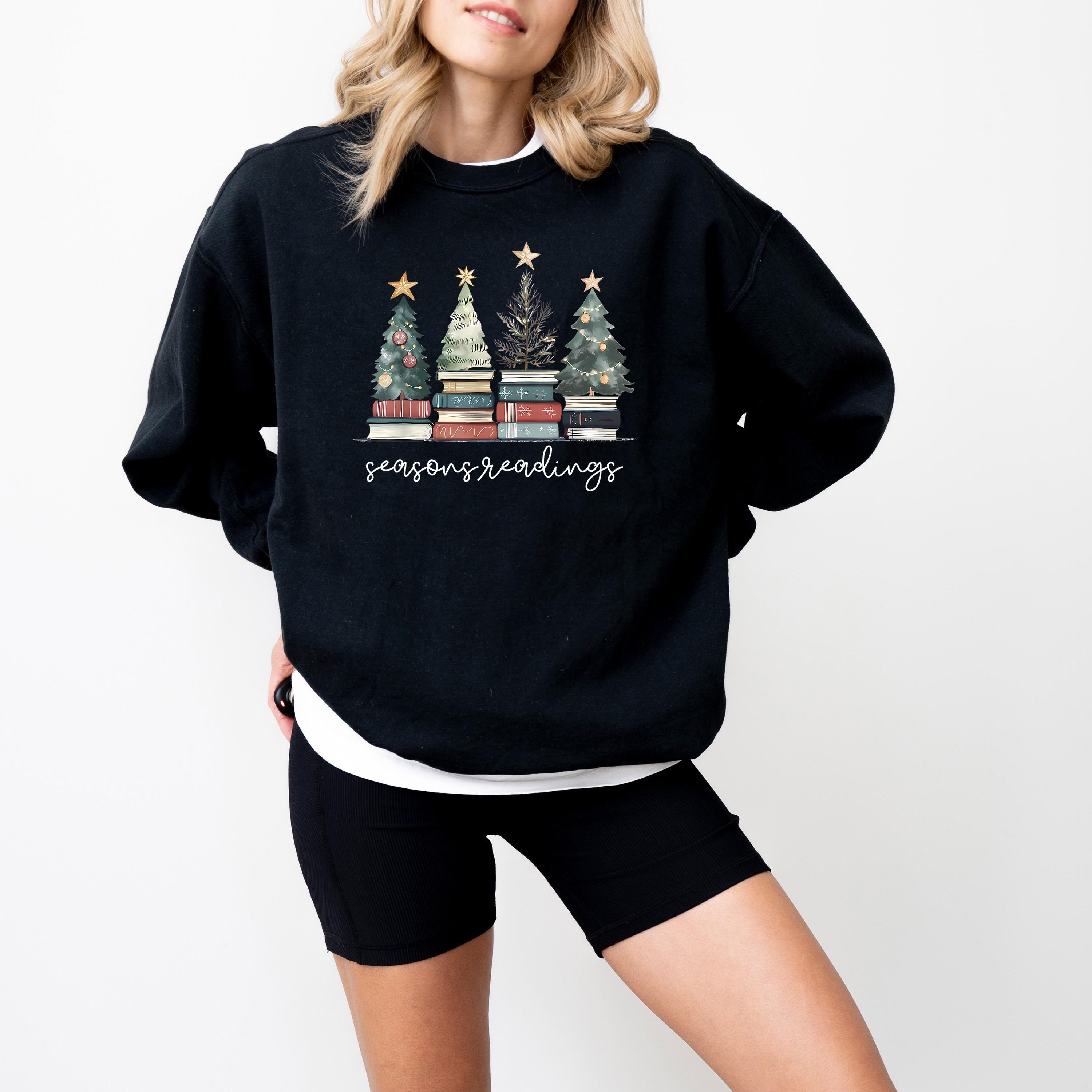 Seasons Readings Comfort Colors Christmas Sweatshirt: Retro Christmas Tree Design, Bookish Christmas Sweater, RL Bow Holiday Crewneck,