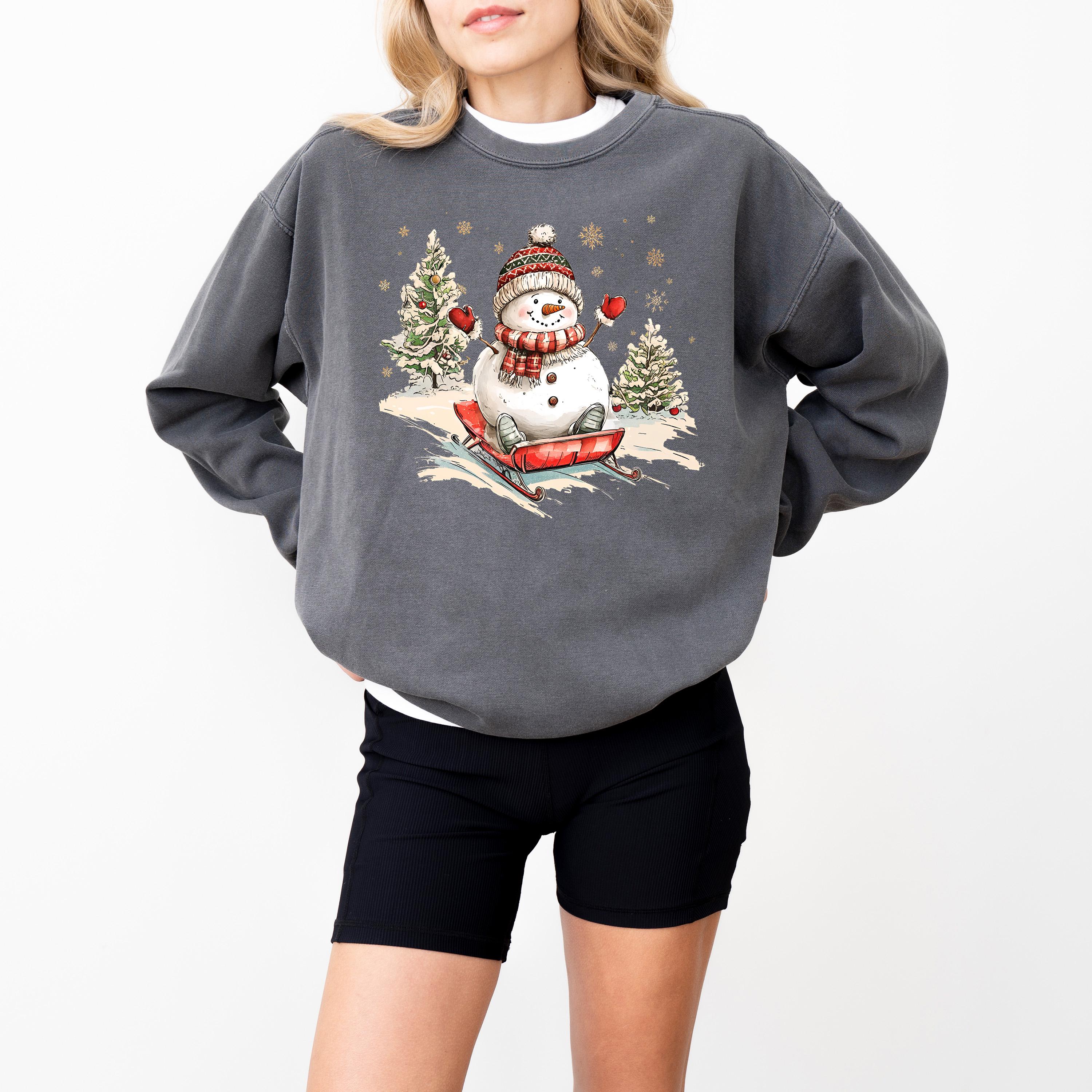 Nostalgic Christmas Comfort Colors Sweatshirt: Retro Christmas Design, Snowman Christmas Sweater, Holiday Crewneck, Sledding Winter Shirt