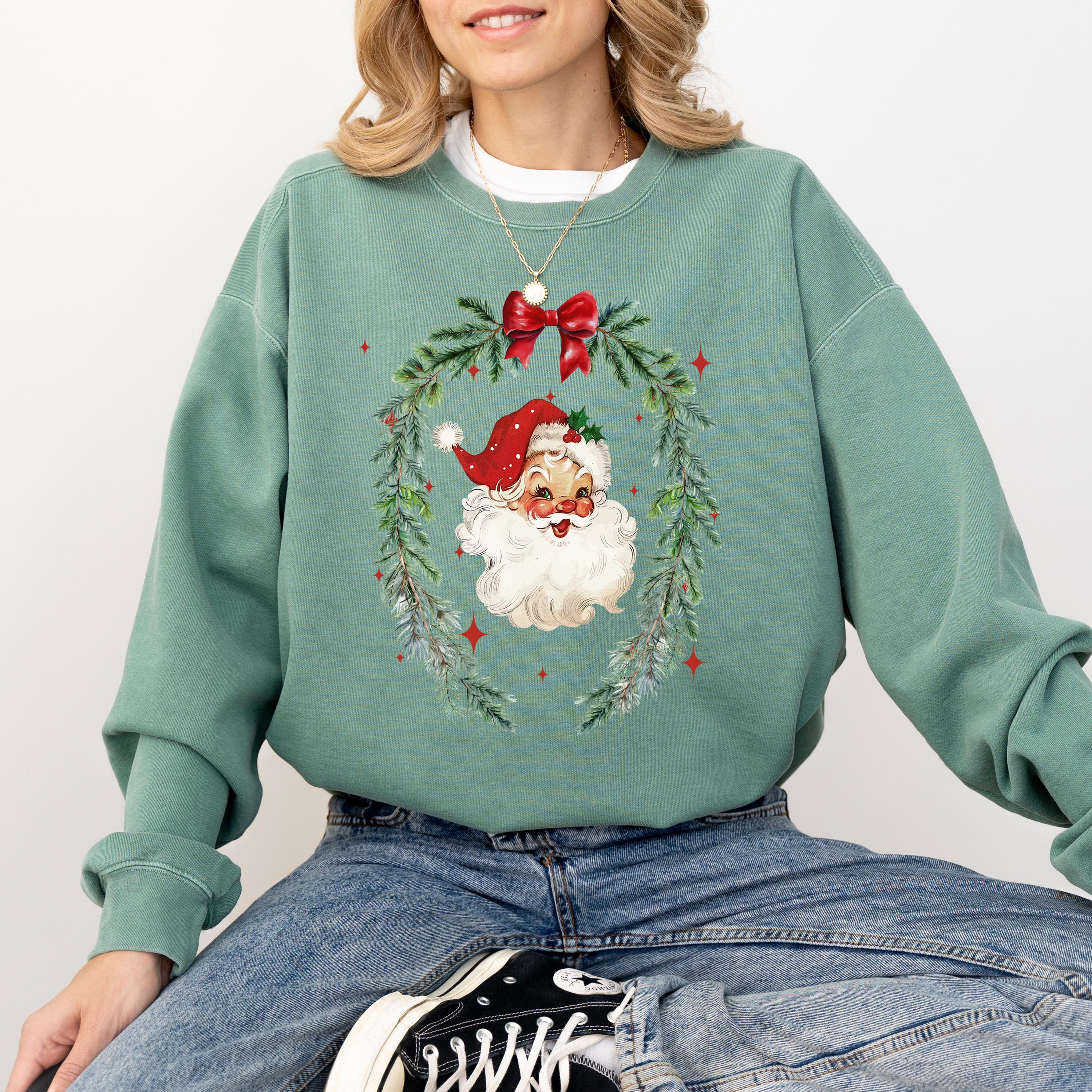 Retro Santa Christmas Comfort Colors Sweatshirt: Vintage Christmas Bow Design, Girly Christmas Sweater, Holiday Crewneck,