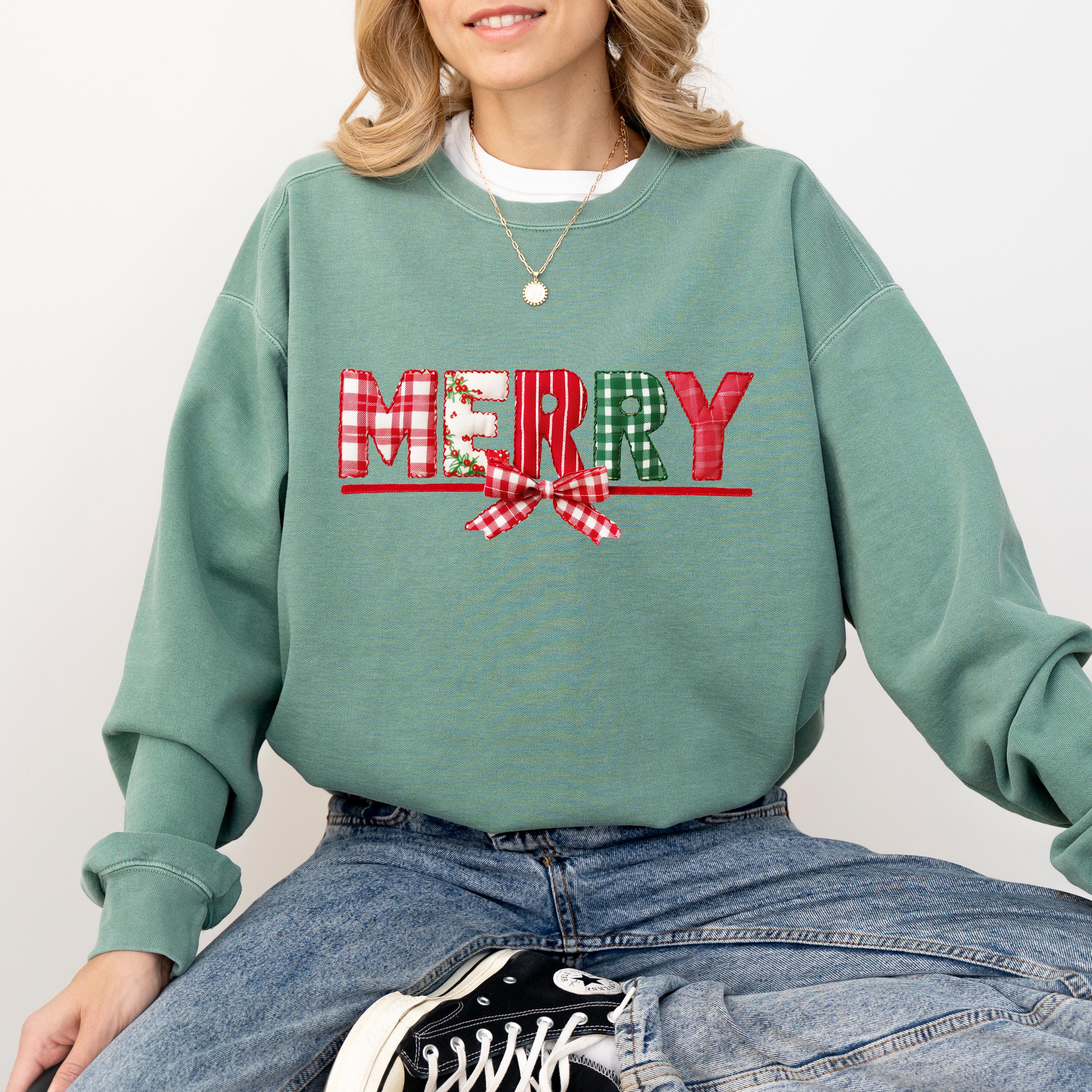 Merry Christmas Comfort Colors Sweatshirt: Retro Christmas Patch Work Design, Girly Christmas Sweater, Red Plaid Bow Holiday Crewneck,