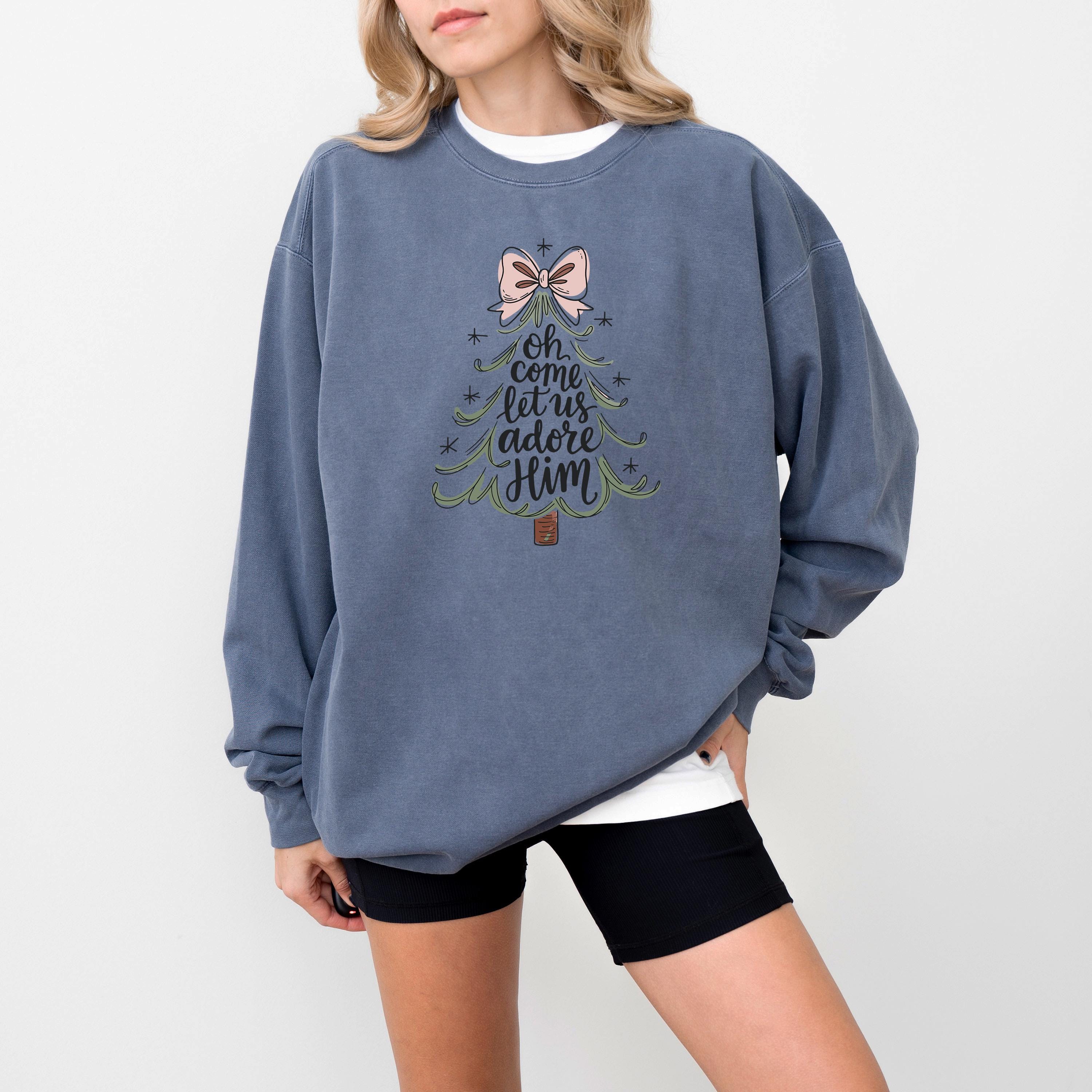 Oh Come Let Us Adore Him Christmas Comfort Colors Sweatshirt: Retro Christmas Tree Design, Christmas Sweater, Red Plaid Holiday Crewnecl,