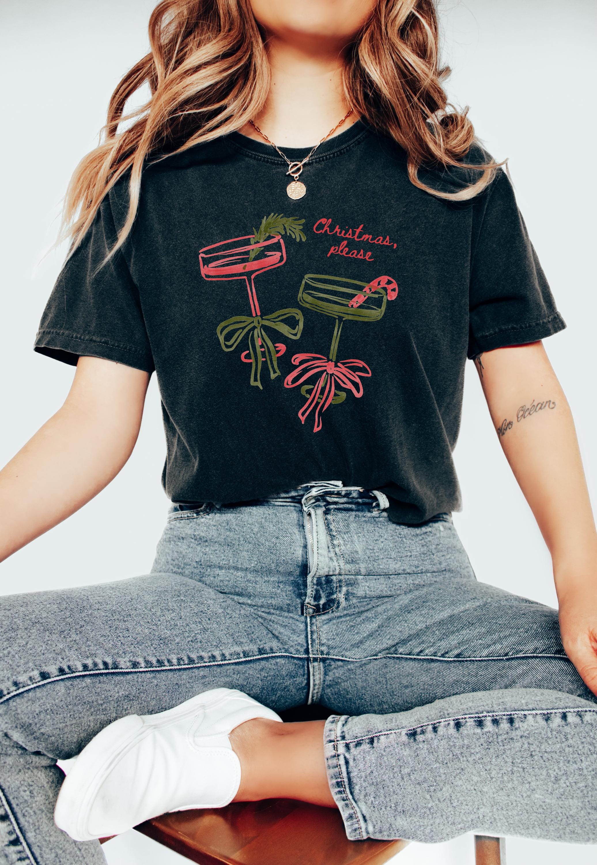 Christmas Please Comfort Colors Shirt, Christmas Martini TShirt, Holiday Red Bow Shirt, Cozy Tee, Christmas Cocktail Design, Candy Cane
