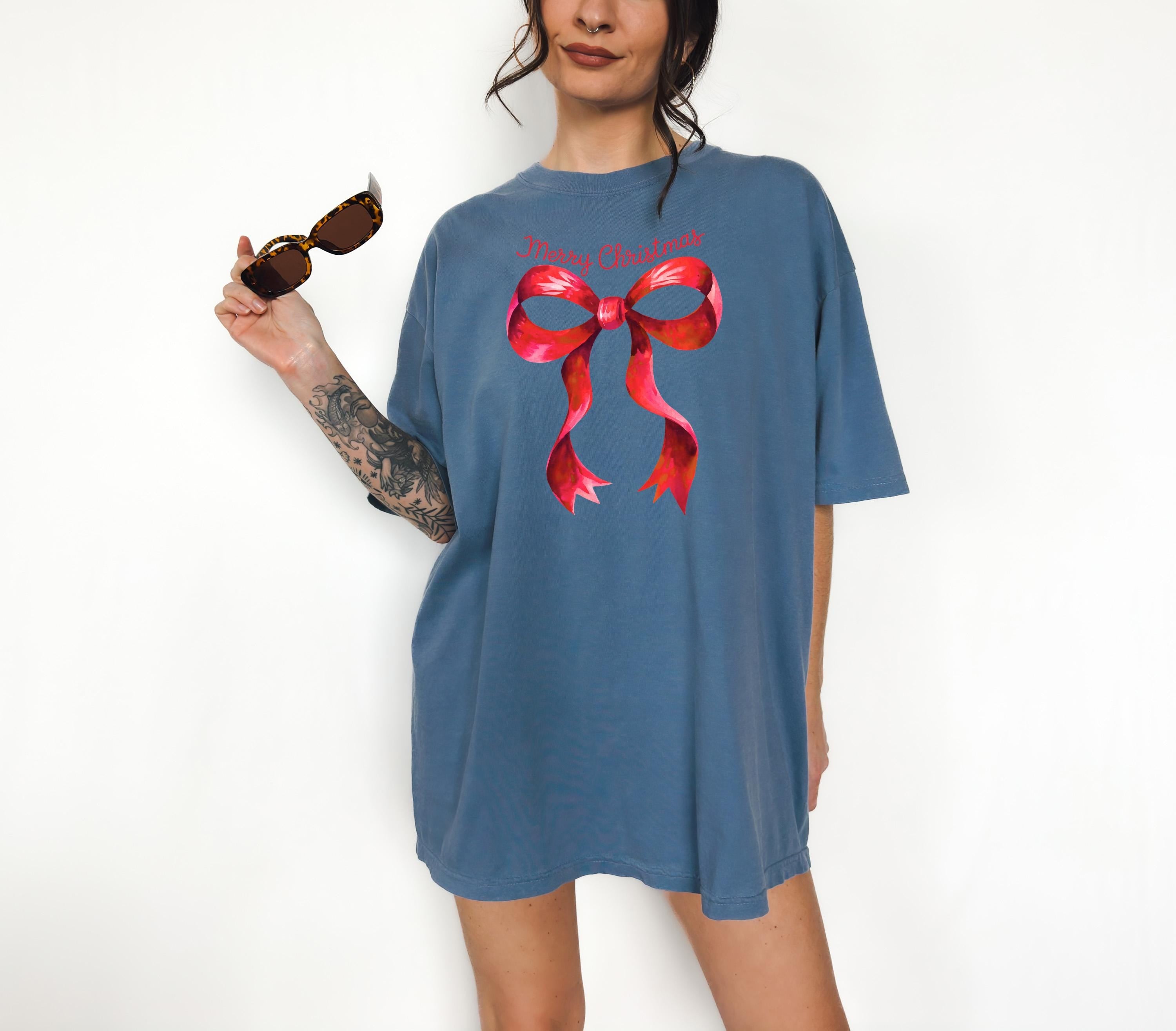 Merry Christmas: Comfort Colors Shirt, Vintage Red Bow TShirt, Holiday Shirt, Cozy Holiday Tee,