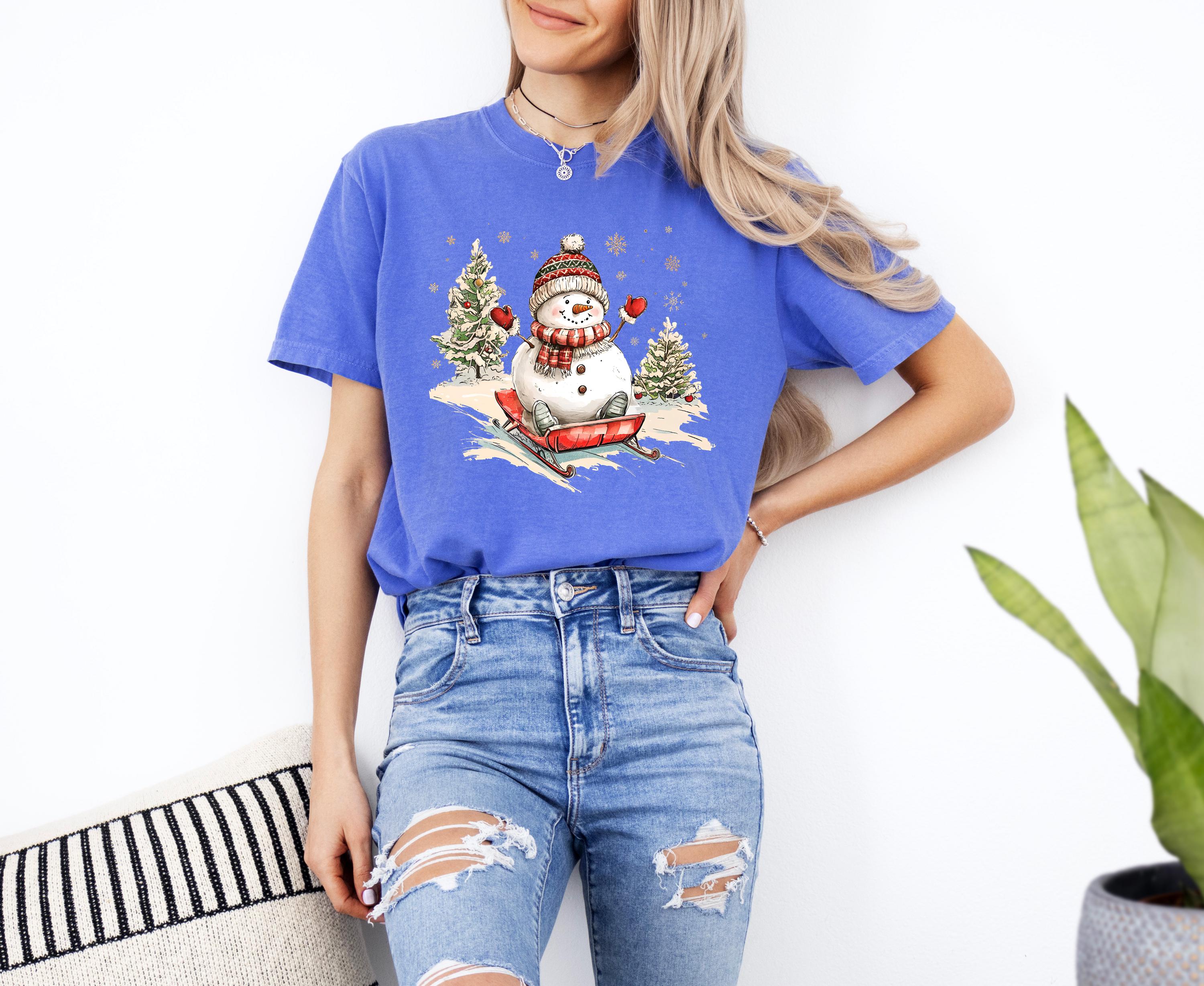 Nostalgic Sledding Snowman Comfort Colors Shirt, Retro Christmas TShirt, Unisex Holiday Shirt, Cozy T, Christmas Design, Christmas 2025