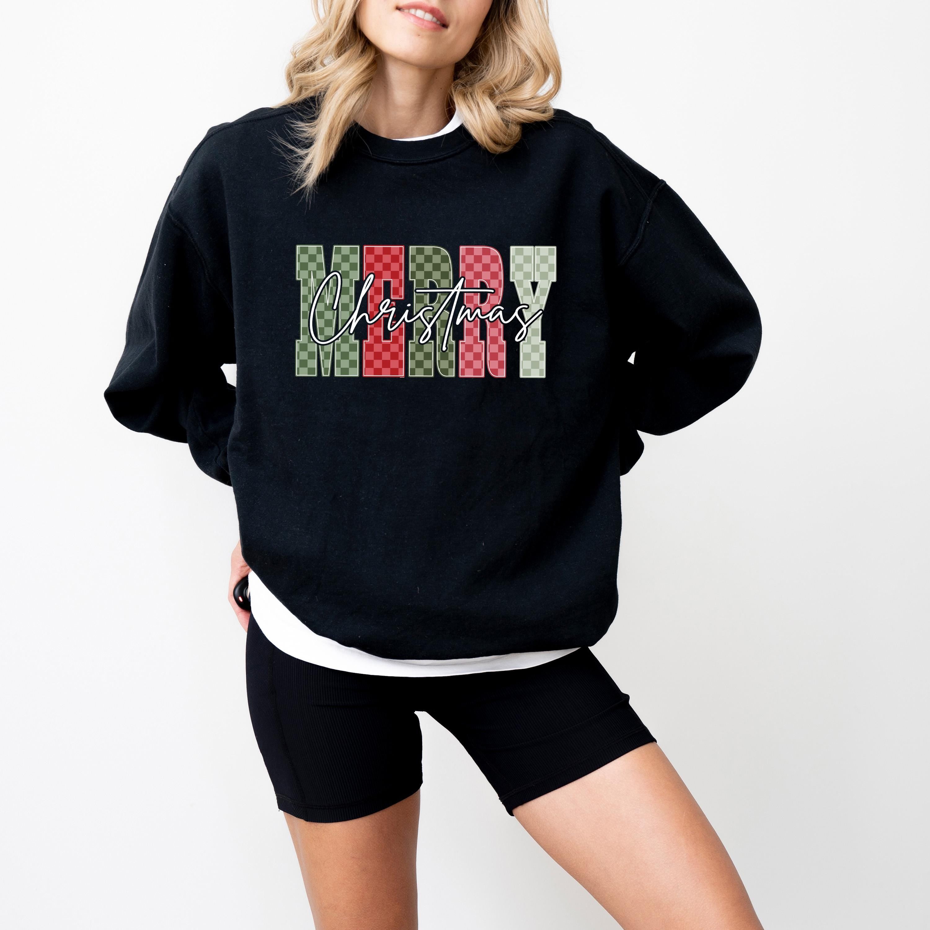 Checkered Merry Christmas Comfort Colors Sweatshirt: Retro Santa Christmas Sweater, Nostalgic Christmas, Girly Vintage Holiday Crewneck
