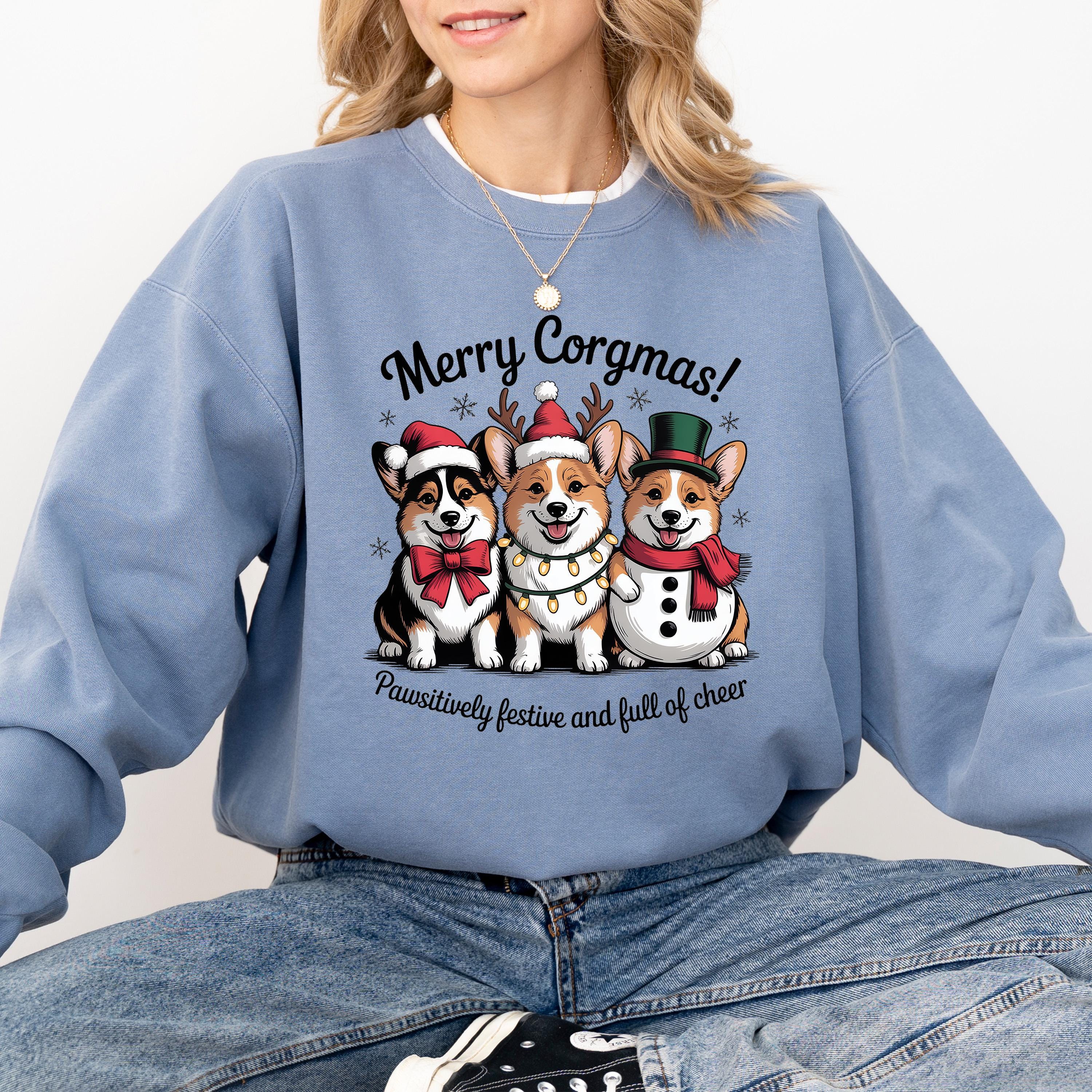 Merry Corgmas Christmas Comfort Colors Sweatshirt: Retro Santa Christmas Sweater, Unisex Vintage Holiday Crewneck, Corgi Christmas Design