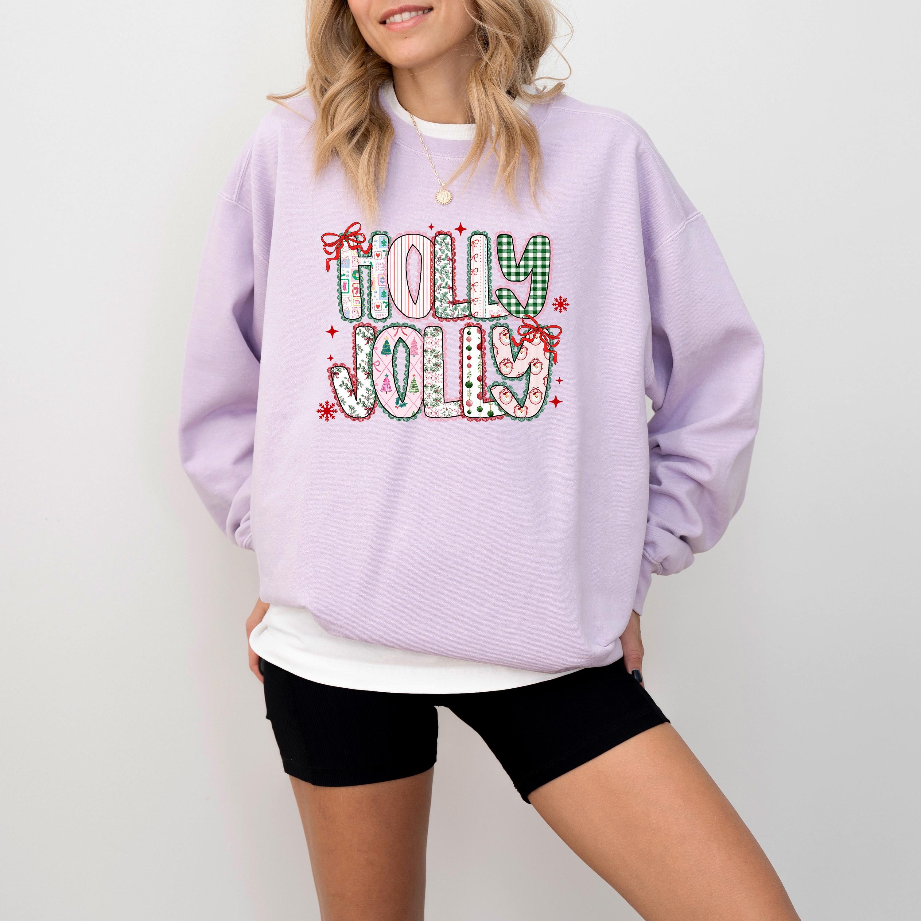 Holly Jolly Comfort Colors Sweatshirt: Girly Christmas Sweater, Unisex Vintage Holiday Crewneck, Santa Christmas Tree Bow Design