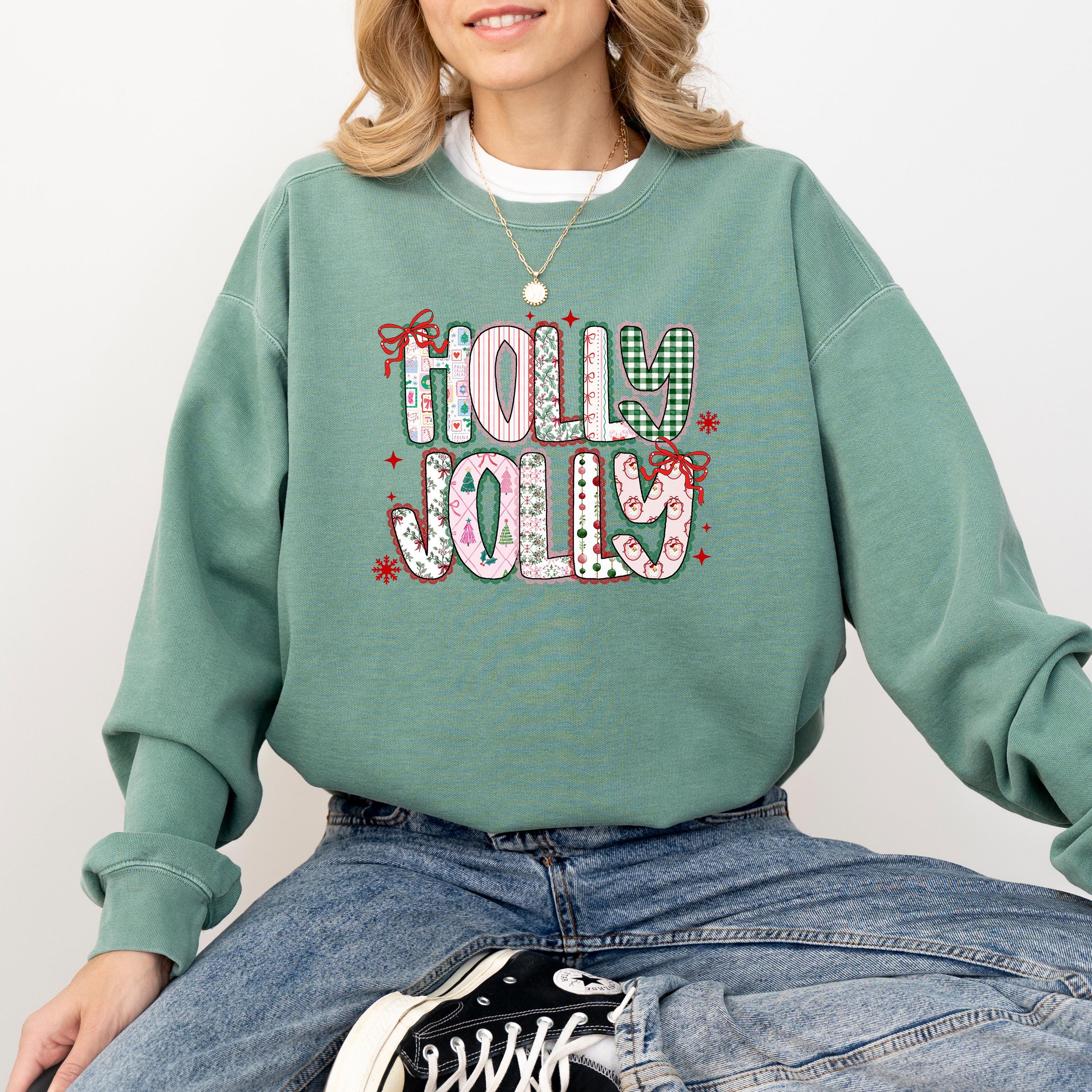 Holly Jolly Comfort Colors Sweatshirt: Girly Christmas Sweater, Unisex Vintage Holiday Crewneck, Santa Christmas Tree Bow Design