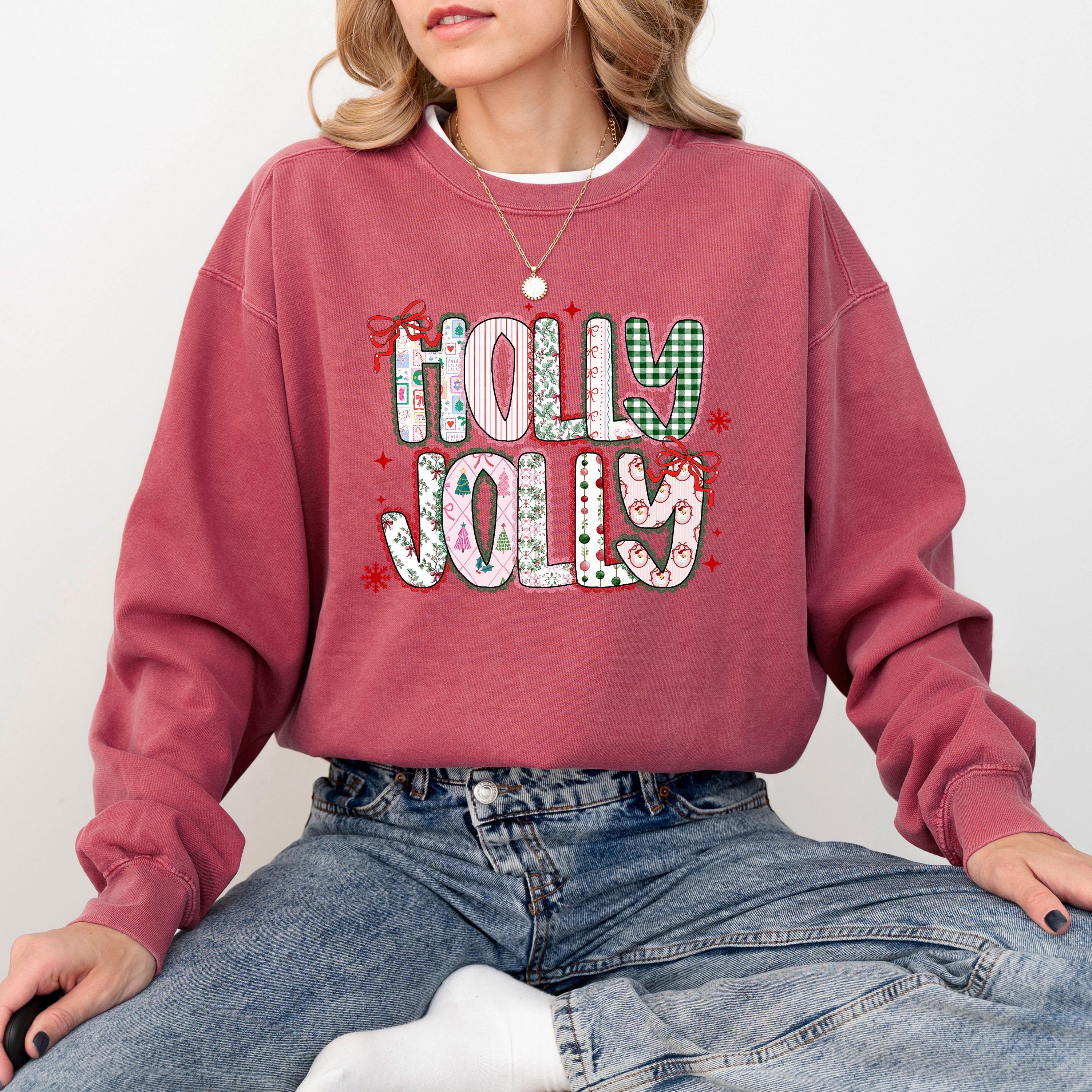 Holly Jolly Comfort Colors Sweatshirt: Girly Christmas Sweater, Unisex Vintage Holiday Crewneck, Santa Christmas Tree Bow Design