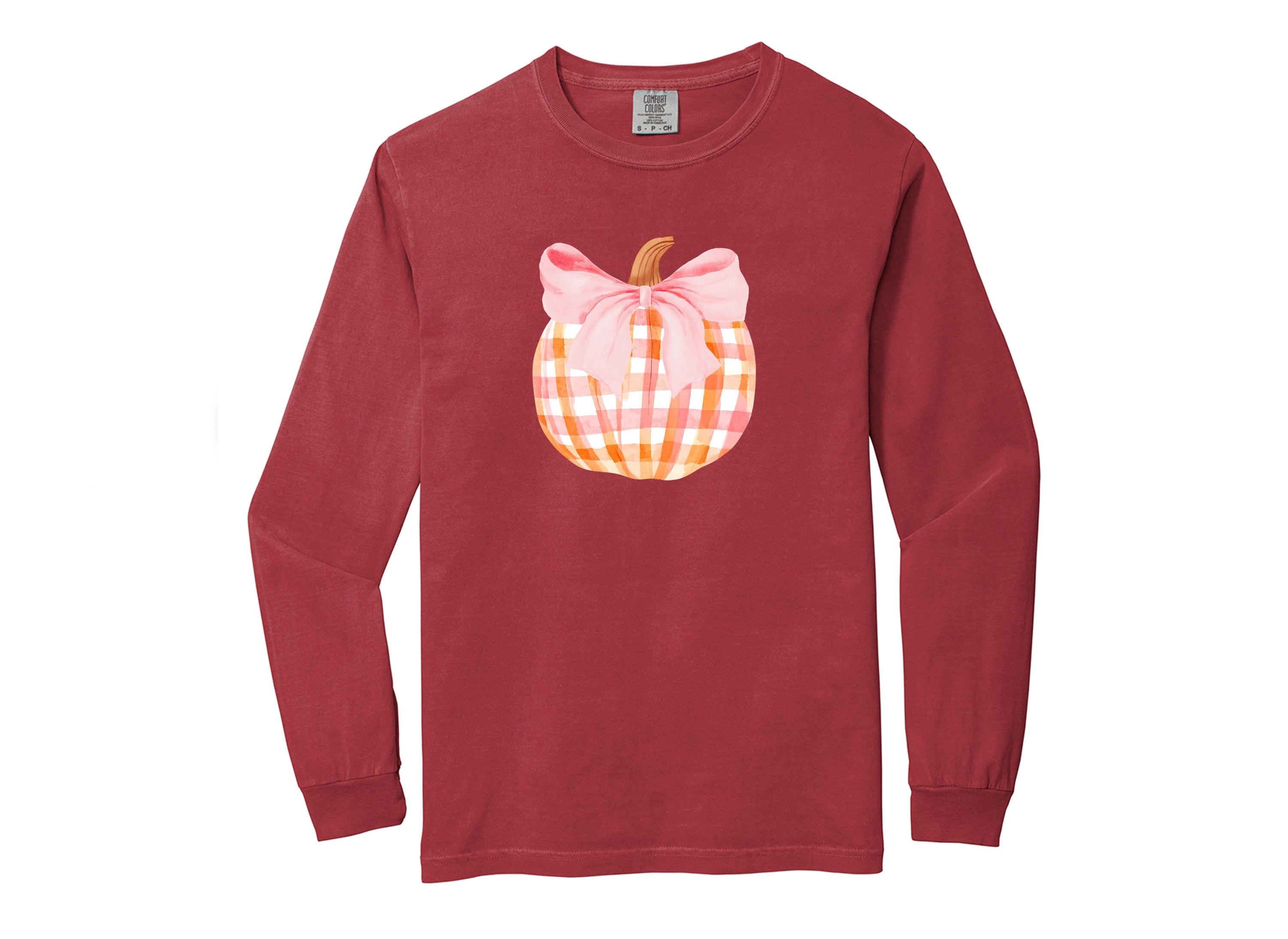 Long Sleeve Retro Fall Comfort Colors Shirt, Pink Plaid Pumpkin Design