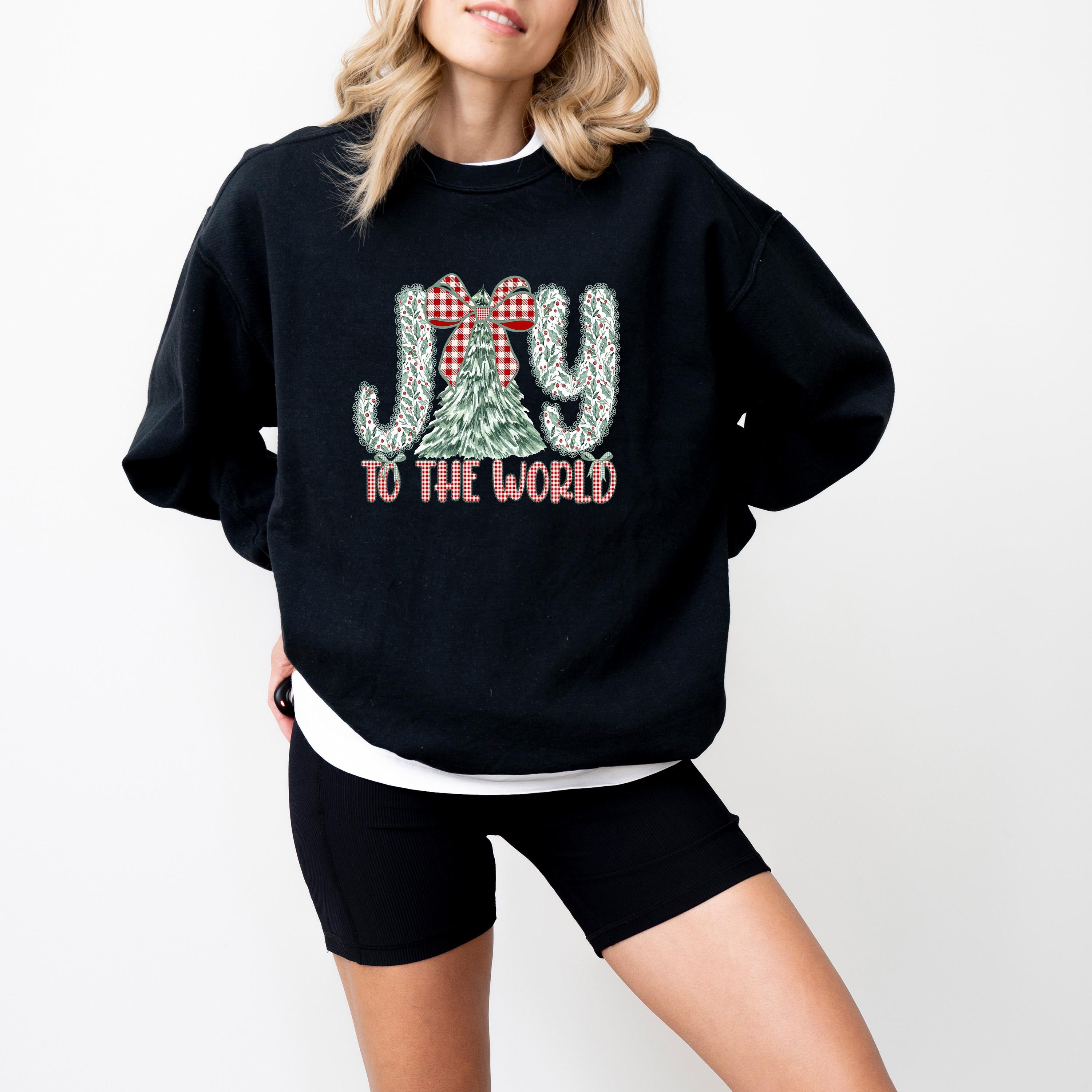 Joy to the World Christmas Comfort Colors Sweatshirt: Retro Christmas Tree Design, Santa Christmas Sweater, Red Plaid Bow Holiday Crewneck,
