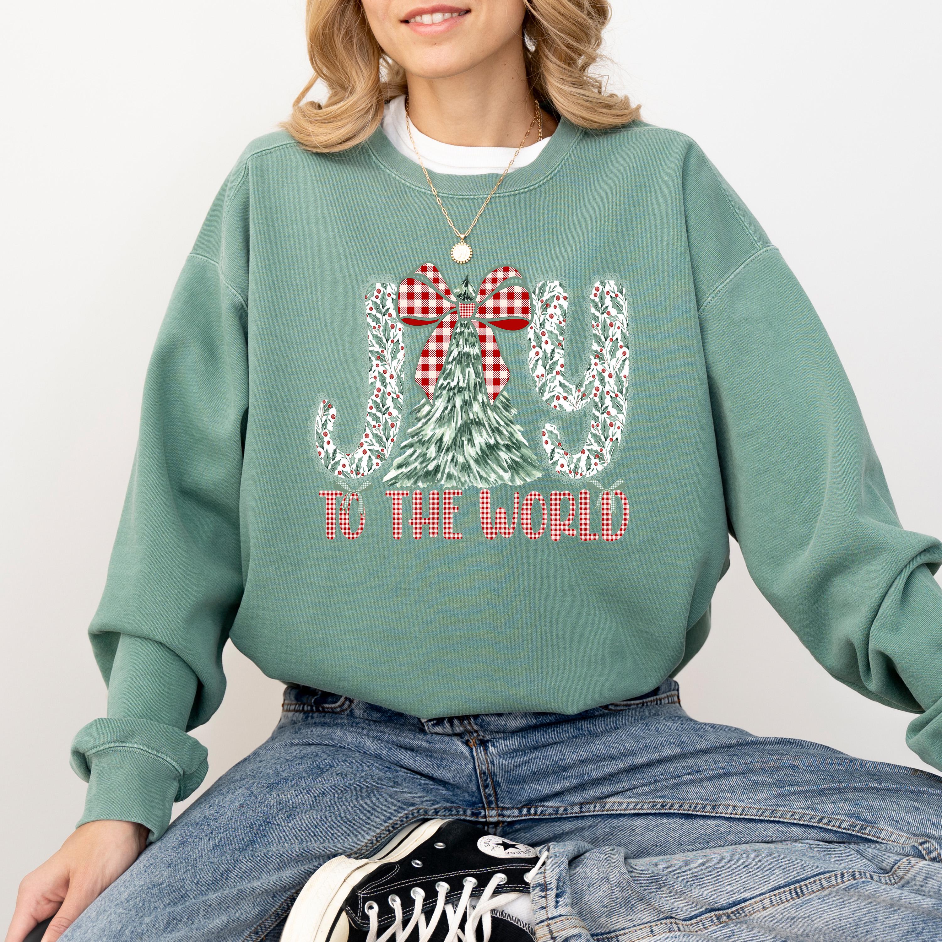 Joy to the World Christmas Comfort Colors Sweatshirt: Retro Christmas Tree Design, Santa Christmas Sweater, Red Plaid Bow Holiday Crewneck,