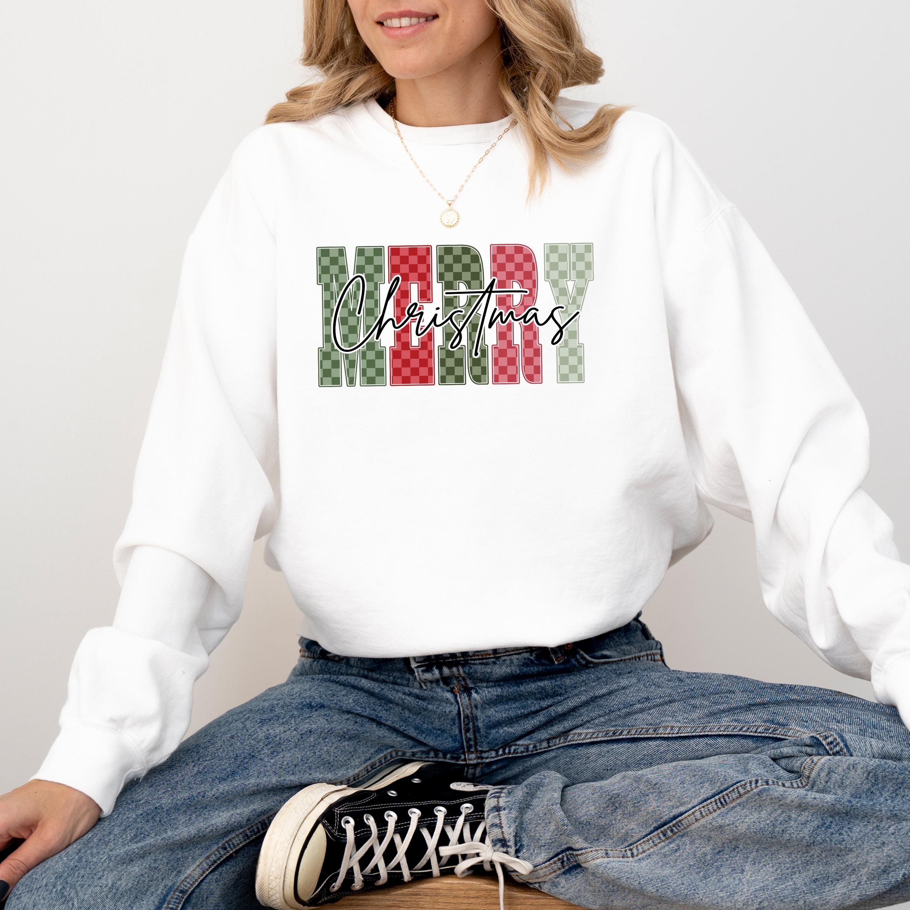 Checkered Merry Christmas Comfort Colors Sweatshirt: Retro Christmas Tree Design, Santa Christmas Sweater, Red Plaid Bow Holiday Crewneck,