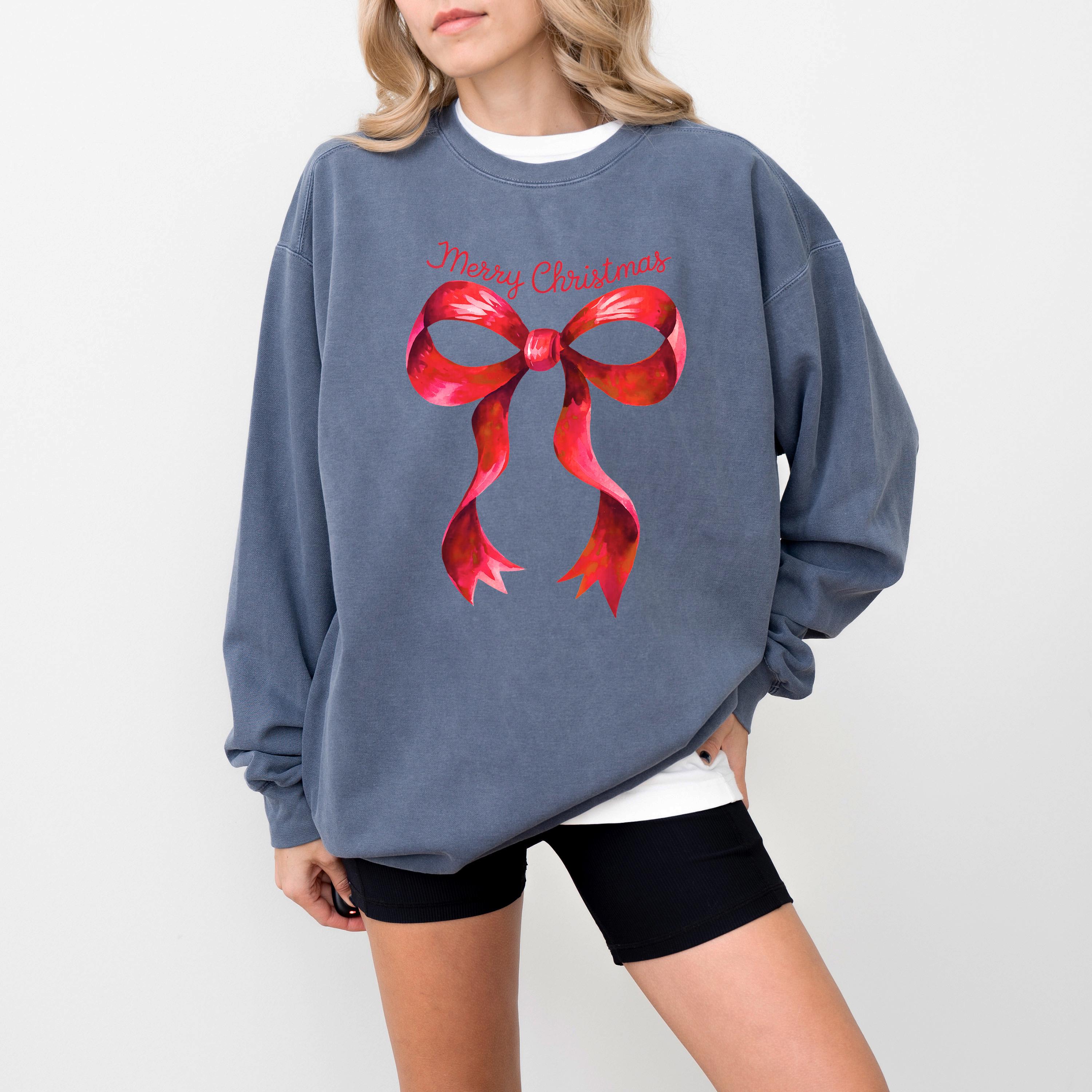 Merry Christmas Comfort Colors Sweatshirt: Retro Christmas Bow Design, Girly Christmas Sweater, Red Plaid Bow Holiday Crewneck,