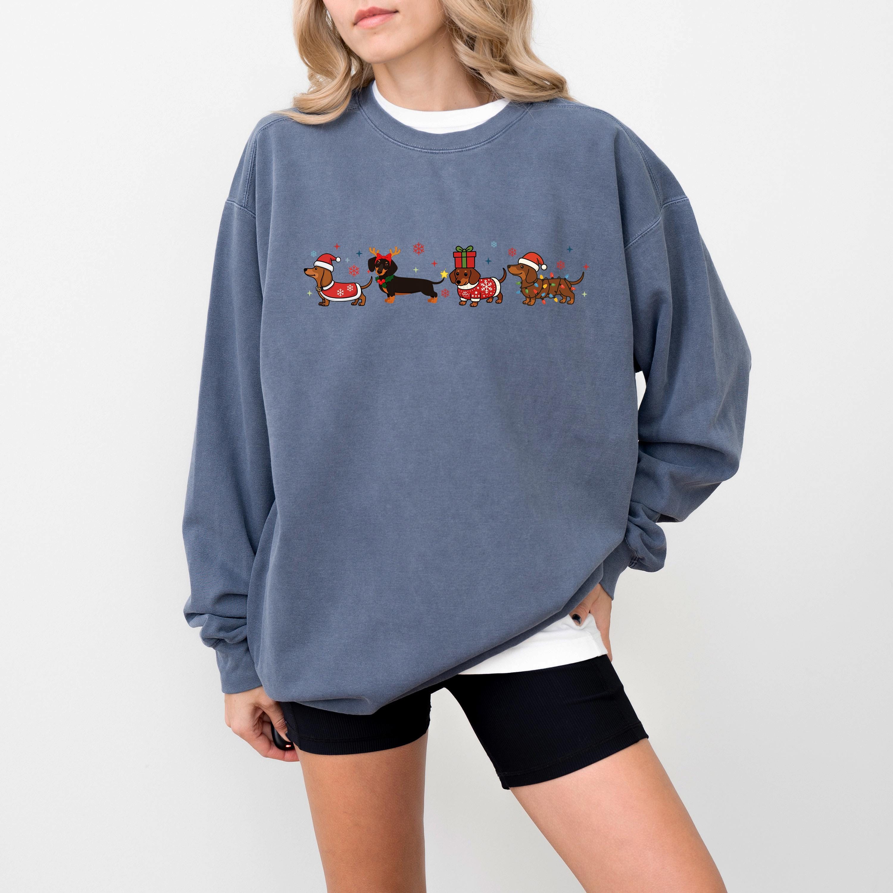 Christmas Dachshund Comfort Colors Sweatshirt: Retro Christmas Bow Design, Christmas Sweater, Dog Holiday Crewneck, Weiner Dog Design