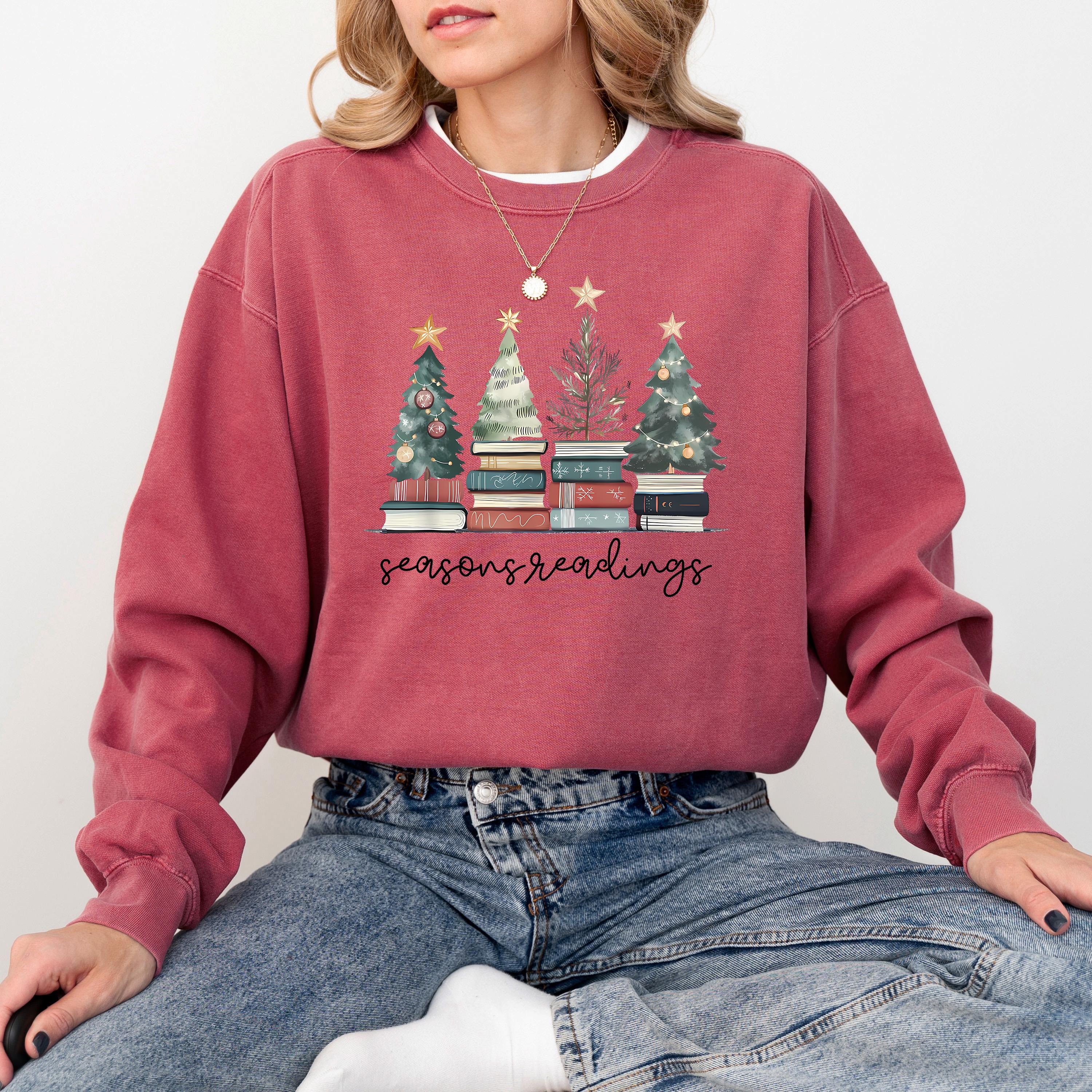 Seasons Readings Comfort Colors Christmas Sweatshirt: Retro Christmas Tree Design, Bookish Christmas Sweater, RL Bow Holiday Crewneck,