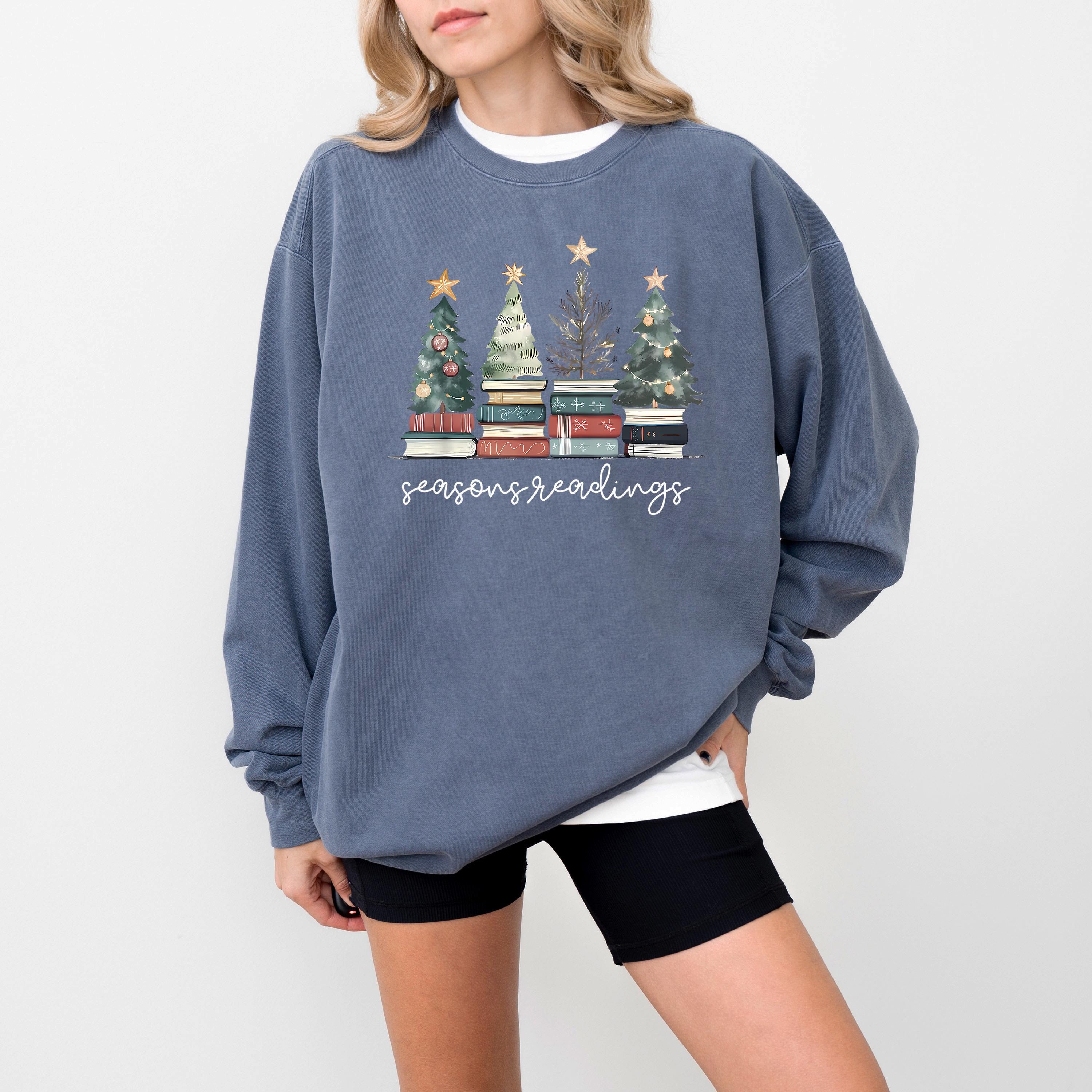 Seasons Readings Comfort Colors Christmas Sweatshirt: Retro Christmas Tree Design, Bookish Christmas Sweater, RL Bow Holiday Crewneck,