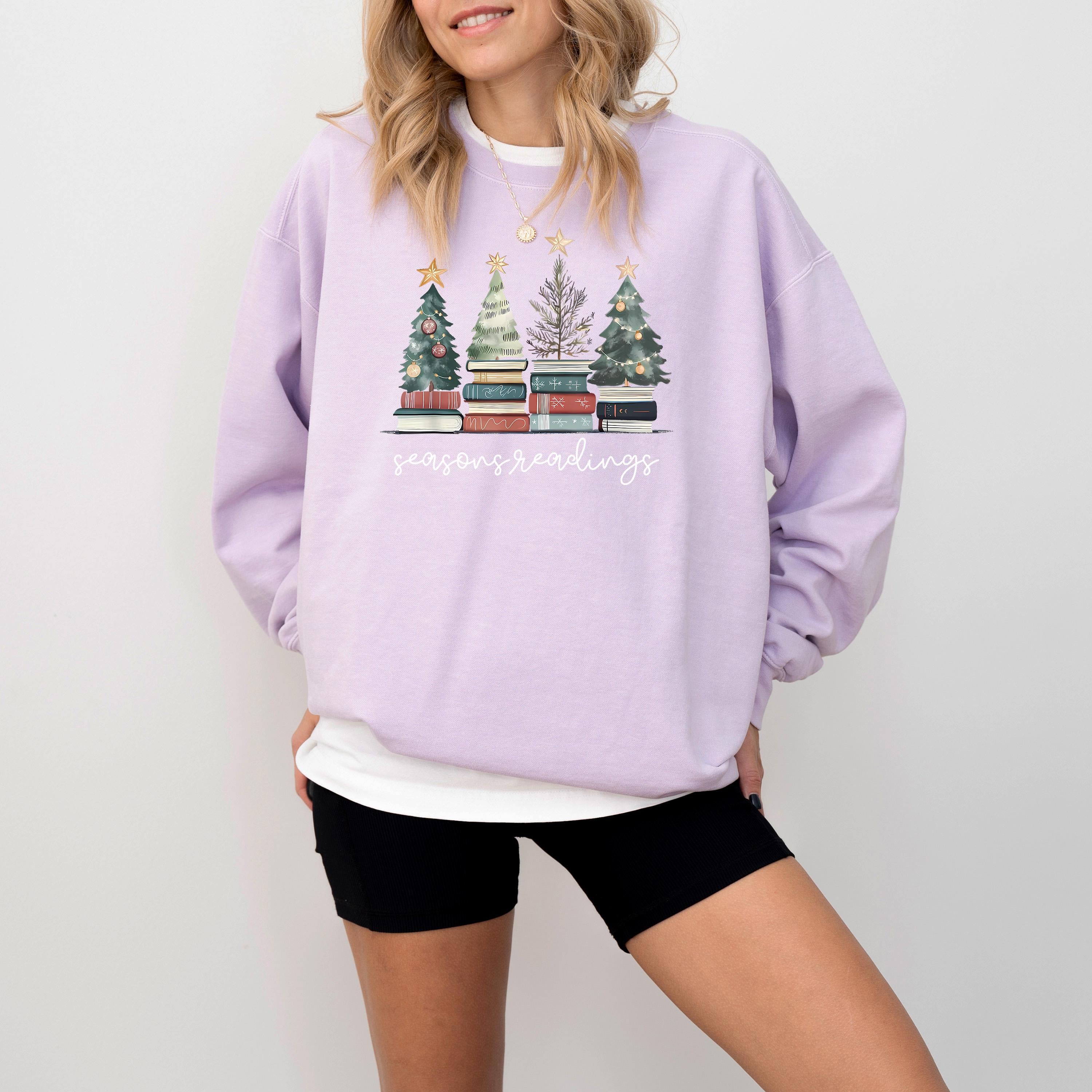 Seasons Readings Comfort Colors Christmas Sweatshirt: Retro Christmas Tree Design, Bookish Christmas Sweater, RL Bow Holiday Crewneck,