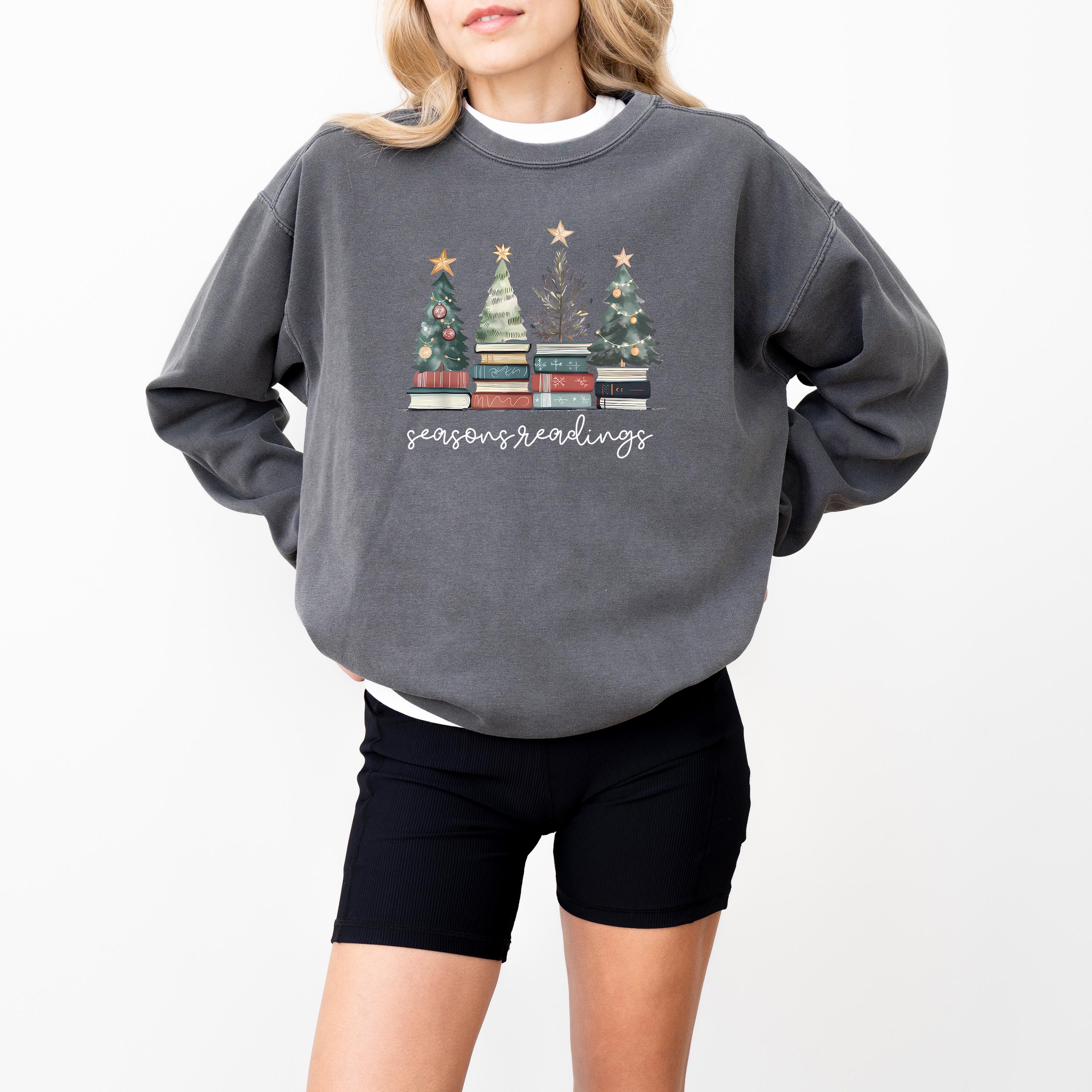 Seasons Readings Comfort Colors Christmas Sweatshirt: Retro Christmas Tree Design, Bookish Christmas Sweater, RL Bow Holiday Crewneck,