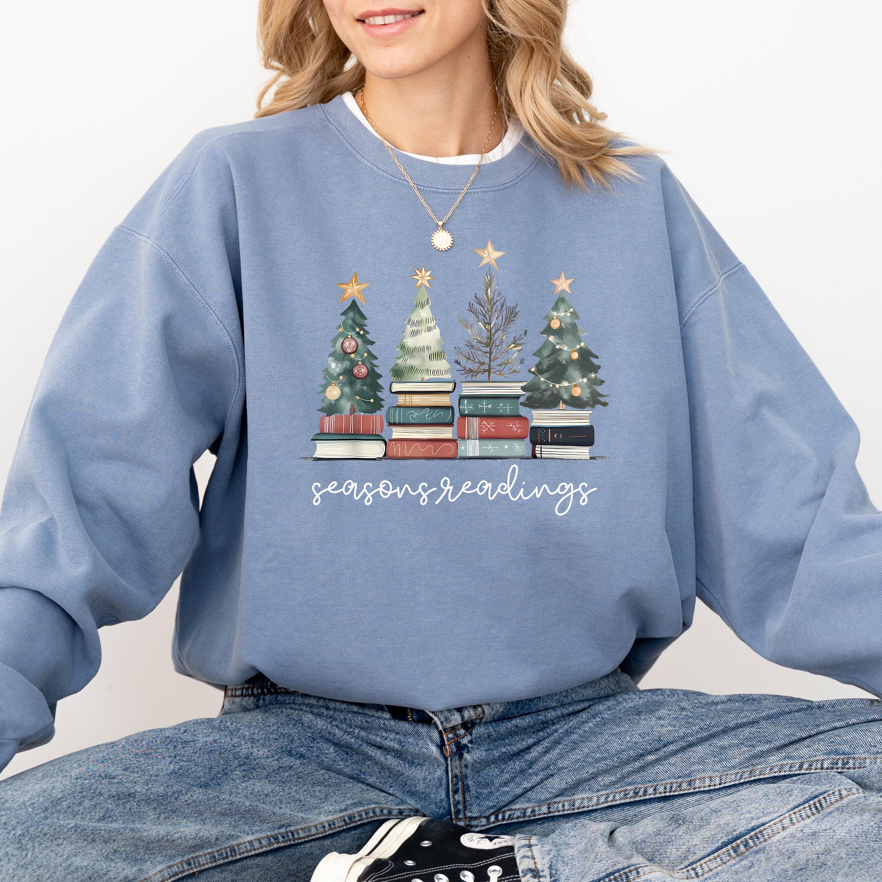 Seasons Readings Comfort Colors Christmas Sweatshirt: Retro Christmas Tree Design, Bookish Christmas Sweater, RL Bow Holiday Crewneck,
