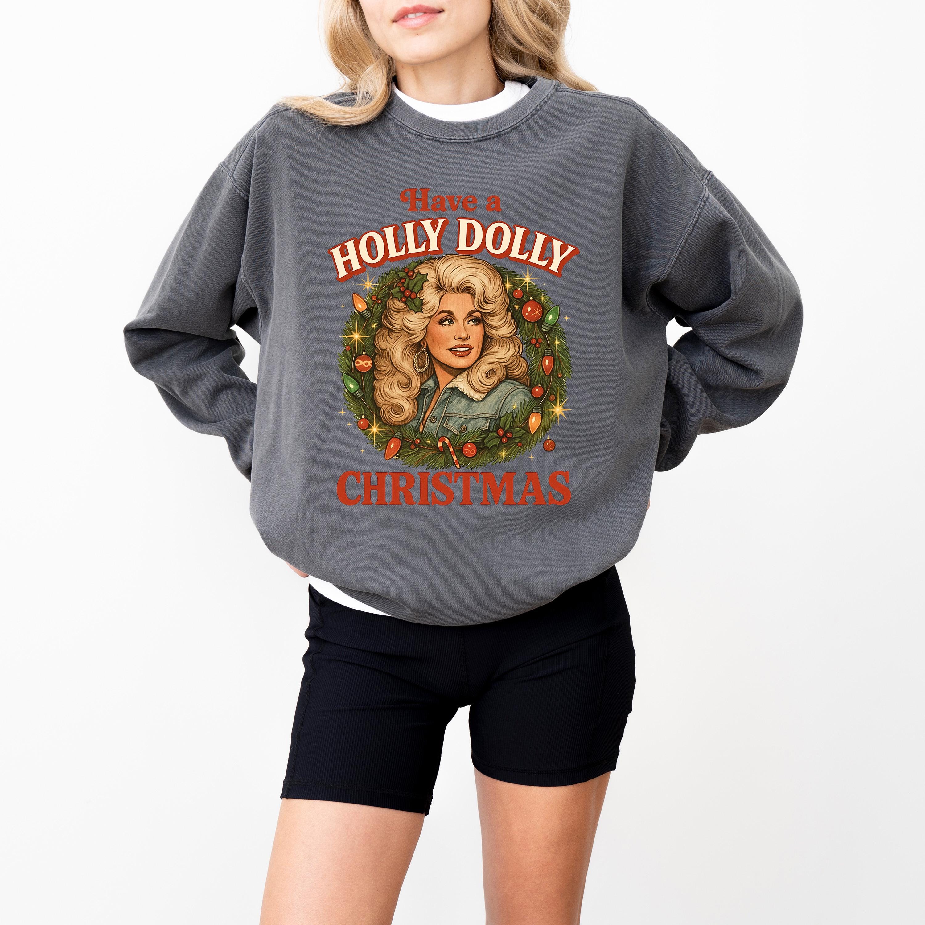 Retro Holly Dolly Christmas Comfort Colors Sweatshirt: Vintage Christmas Bow Design, Girly Christmas Sweater, Holiday Crewneck,
