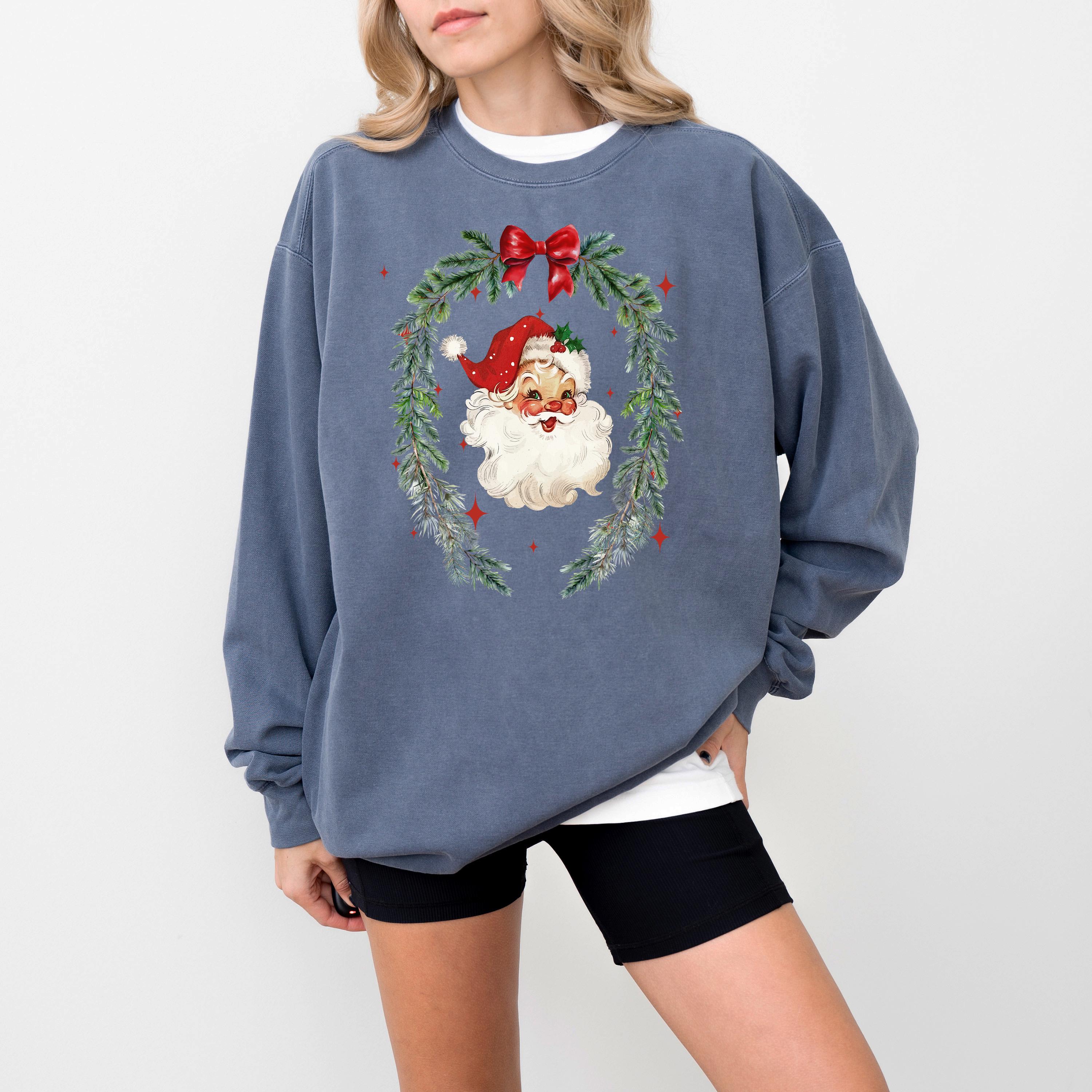 Retro Santa Christmas Comfort Colors Sweatshirt: Vintage Christmas Bow Design, Girly Christmas Sweater, Holiday Crewneck,