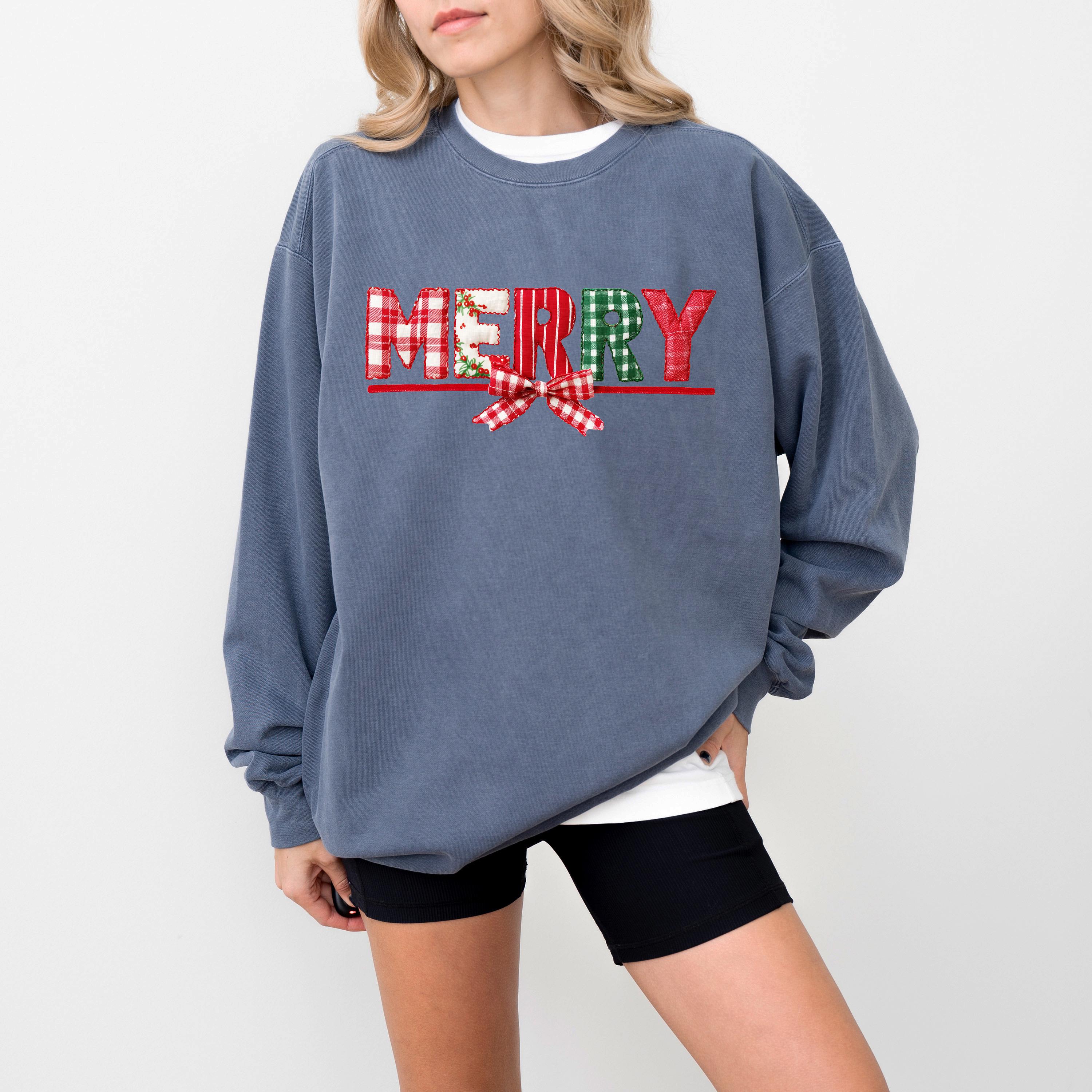 Merry Christmas Comfort Colors Sweatshirt: Retro Christmas Patch Work Design, Girly Christmas Sweater, Red Plaid Bow Holiday Crewneck,