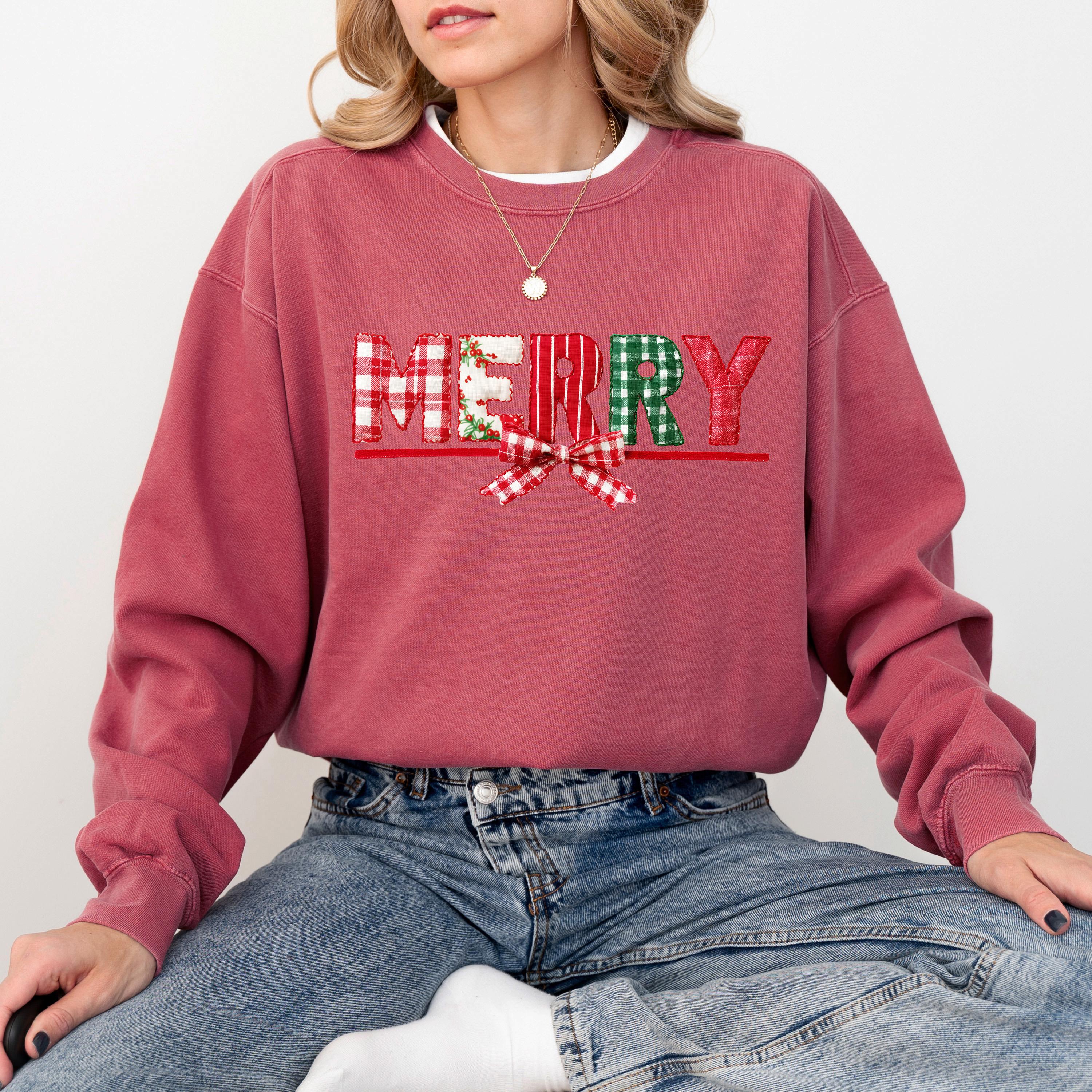 Merry Christmas Comfort Colors Sweatshirt: Retro Christmas Patch Work Design, Girly Christmas Sweater, Red Plaid Bow Holiday Crewneck,
