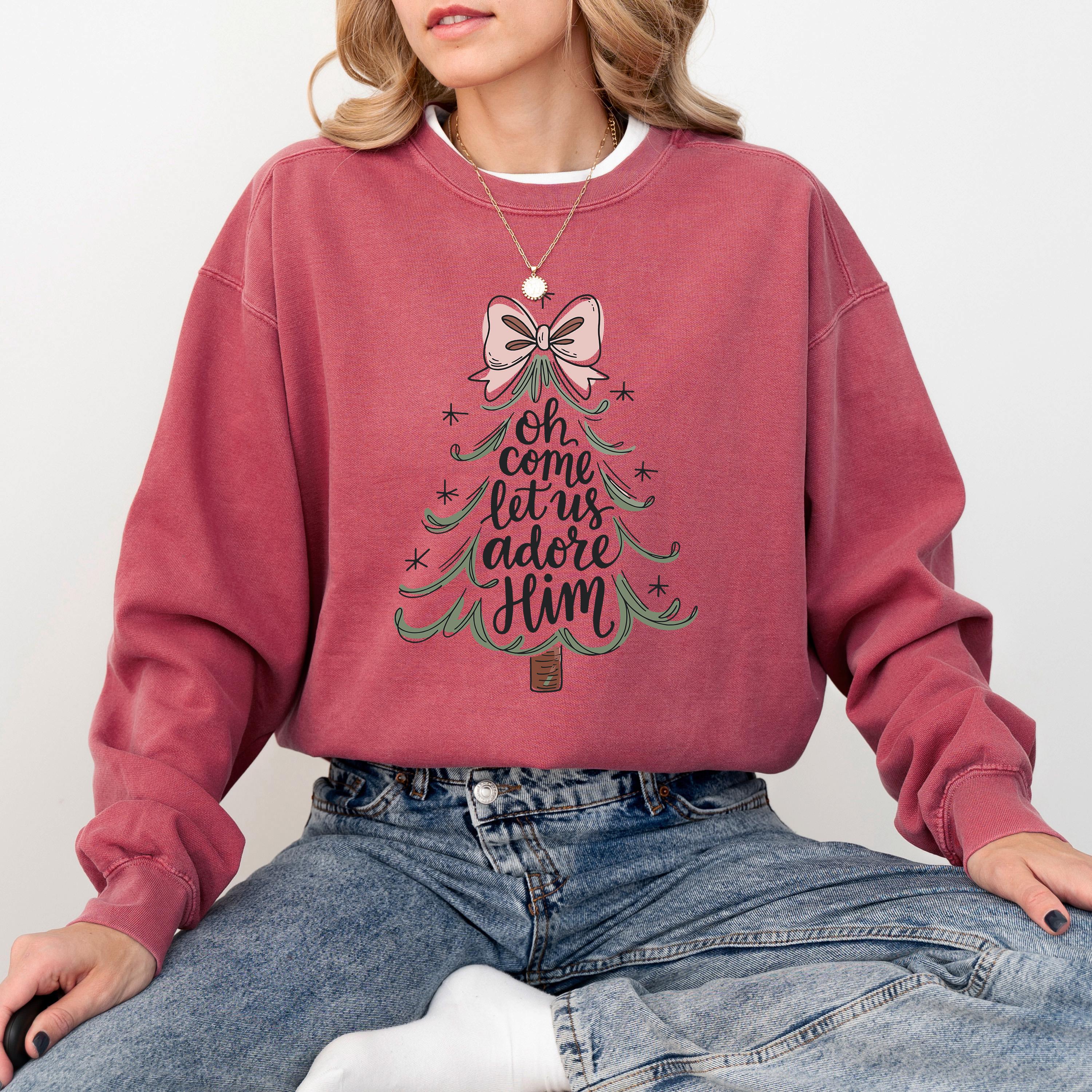 Oh Come Let Us Adore Him Christmas Comfort Colors Sweatshirt: Retro Christmas Tree Design, Christmas Sweater, Red Plaid Holiday Crewnecl,