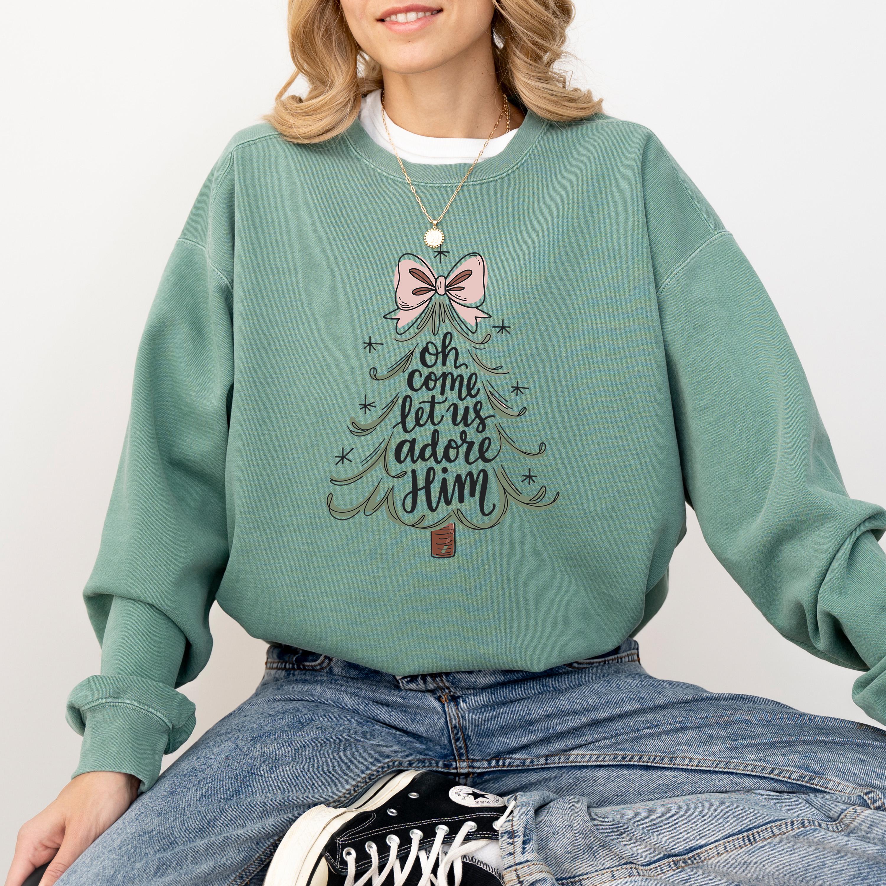 Oh Come Let Us Adore Him Christmas Comfort Colors Sweatshirt: Retro Christmas Tree Design, Christmas Sweater, Red Plaid Holiday Crewnecl,