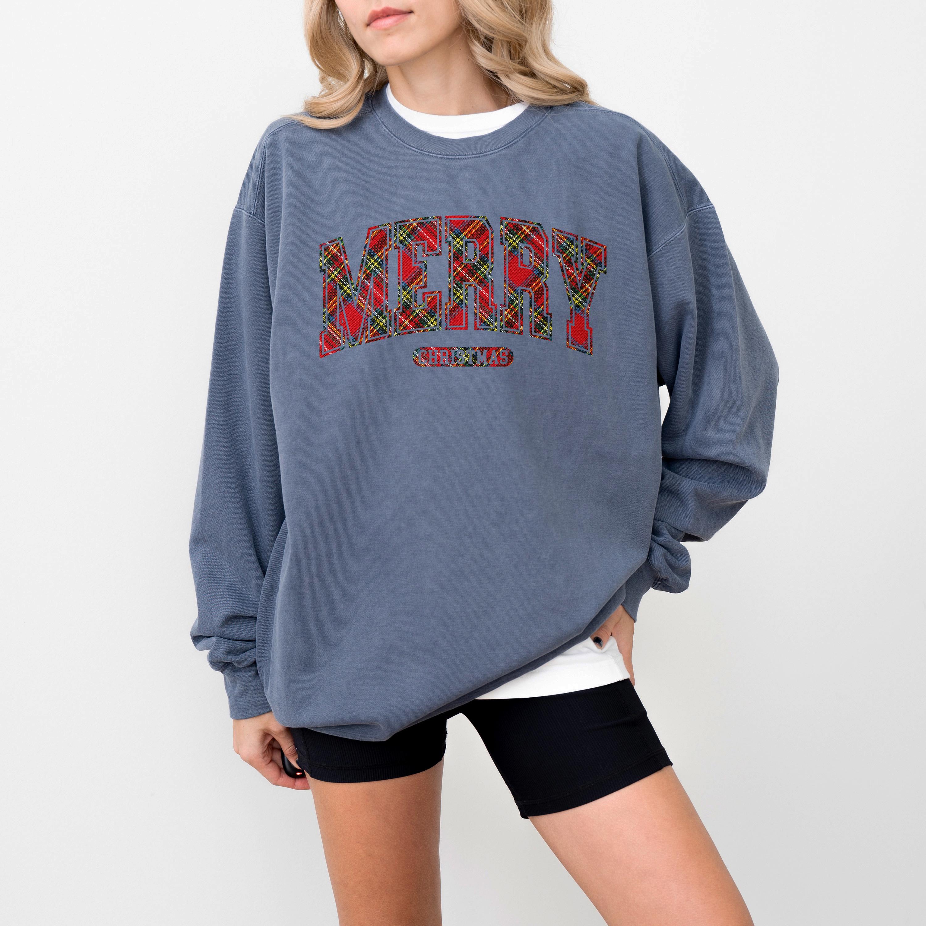 Plaid Merry Christmas Comfort Colors Sweatshirt: Christmas Sweater, Unisex Vintage Holiday Crewneck, RL Christmas, Holidays,