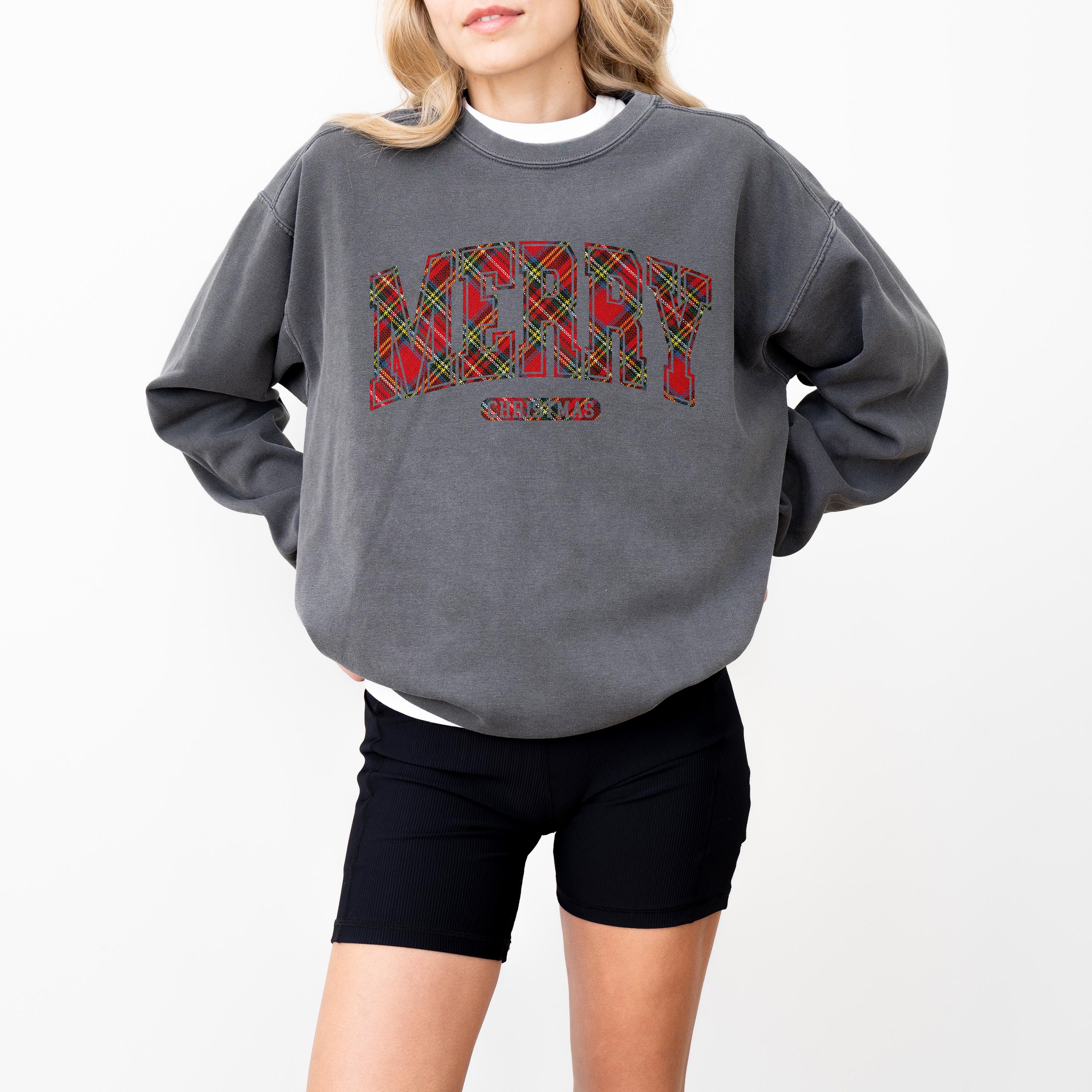 Plaid Merry Christmas Comfort Colors Sweatshirt: Christmas Sweater, Unisex Vintage Holiday Crewneck, RL Christmas, Holidays,