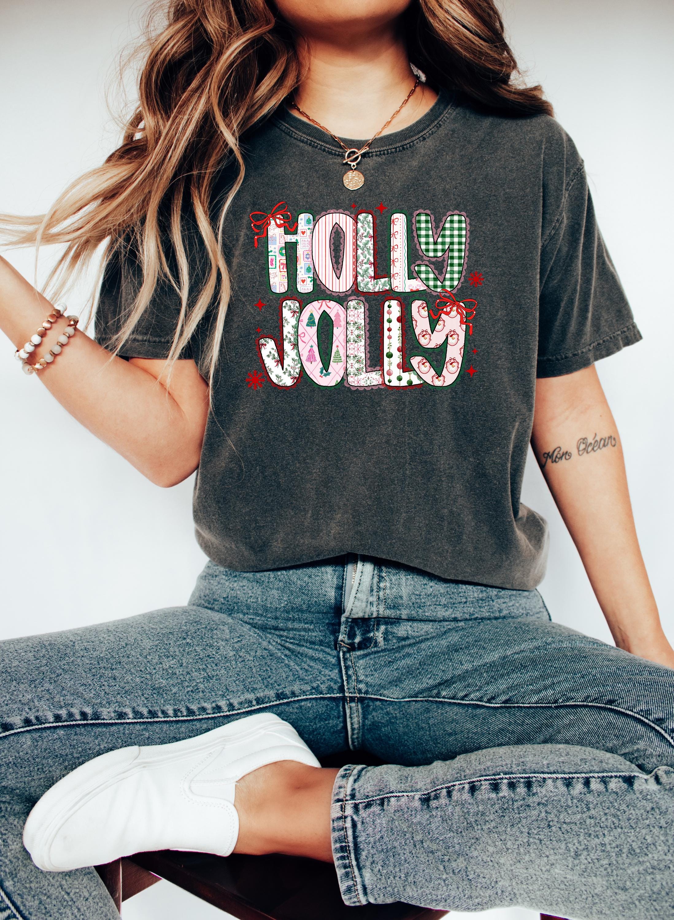 Holly Jolly Christmas Comfort Colors Shirt, Girly Christmas TShirt, Holiday Shirt, Cozy Tee, Christmas Design, Pink Design, 2025 Christmas