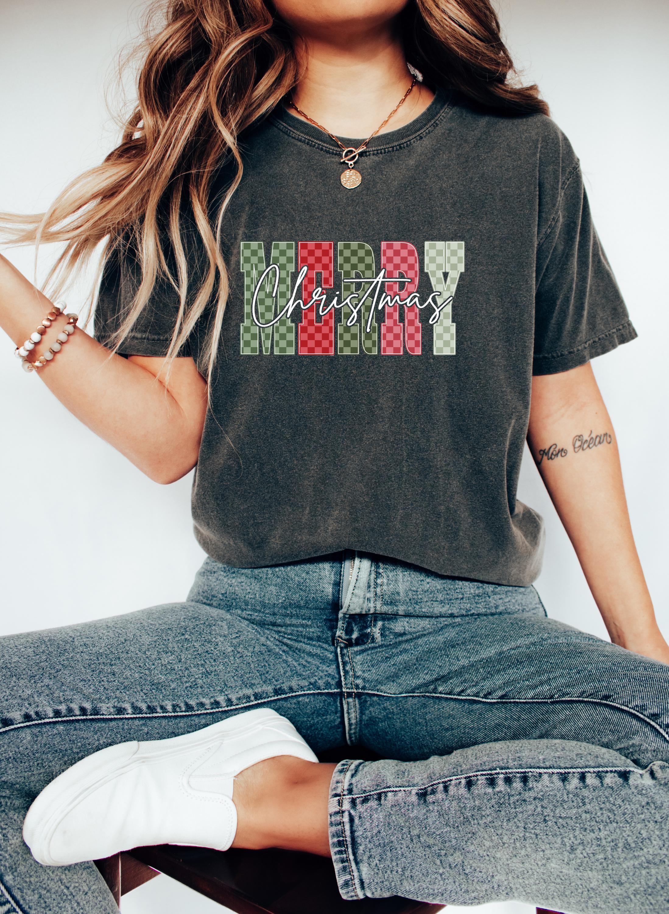 Merry Christmas: Comfort Colors Shirt, Nostalgic Christmas TShirt, Holiday Shirt, Cozy Tee, Christmas Design, Checkered Christmas,