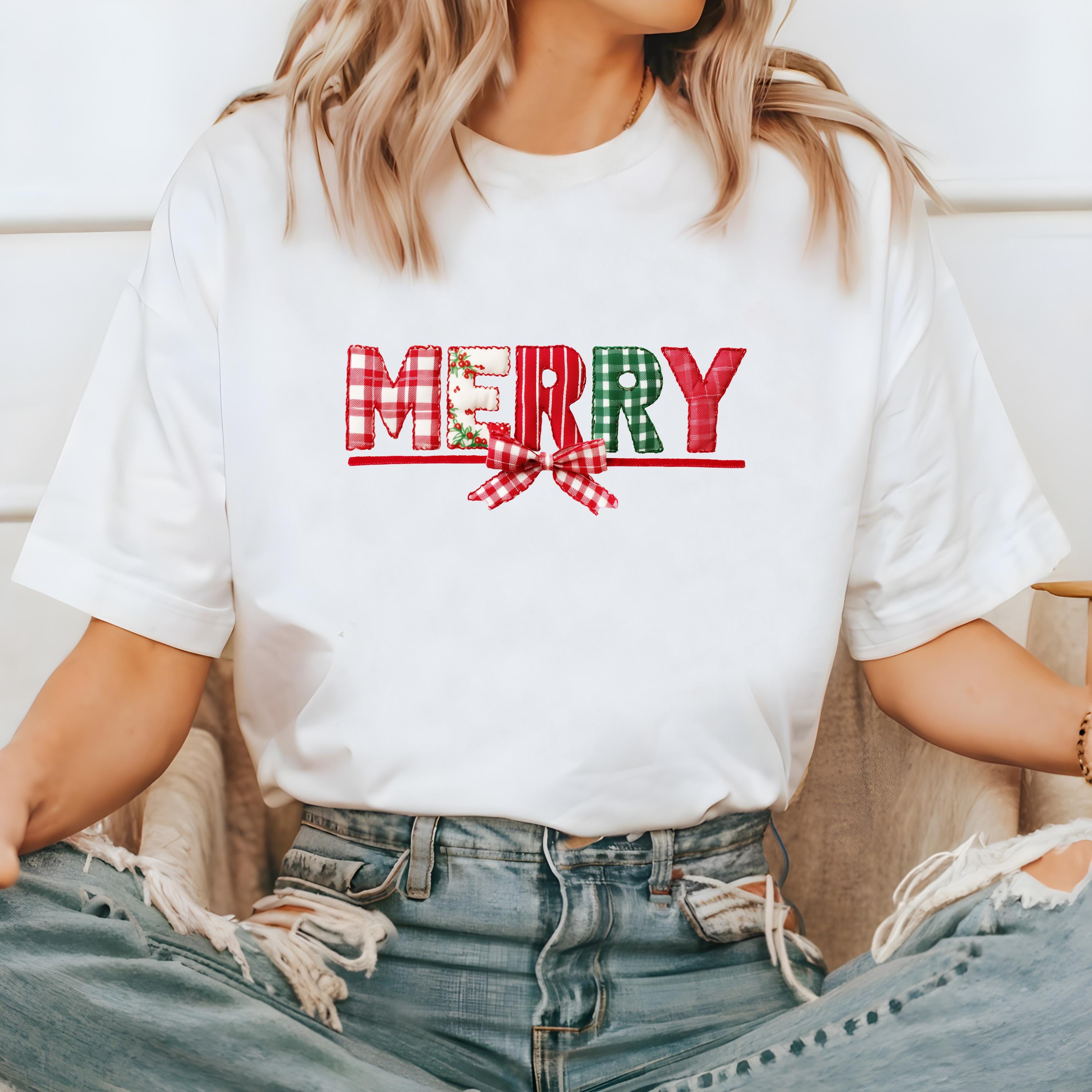 Merry Christmas: Comfort Colors Shirt, Nostalgic Christmas TShirt, Holiday Shirt, Cozy Tee, Christmas Patchwork Printed Design