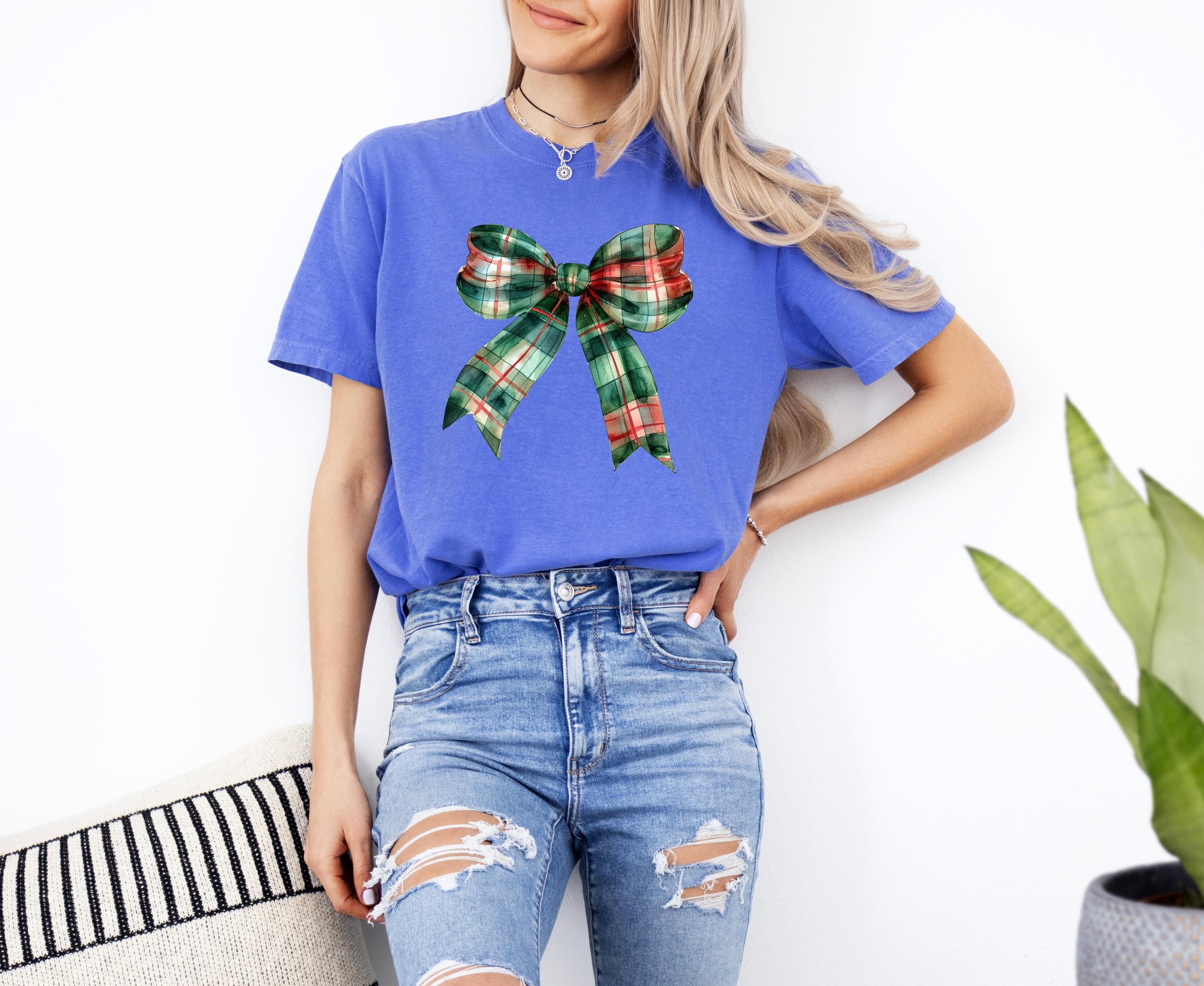 Christmas Plaid Comfort Colors Shirt, Nostalgic Christmas TShirt, Holiday Shirt, Cozy T, Christmas Design, Green Bow Design, Christmas 2025