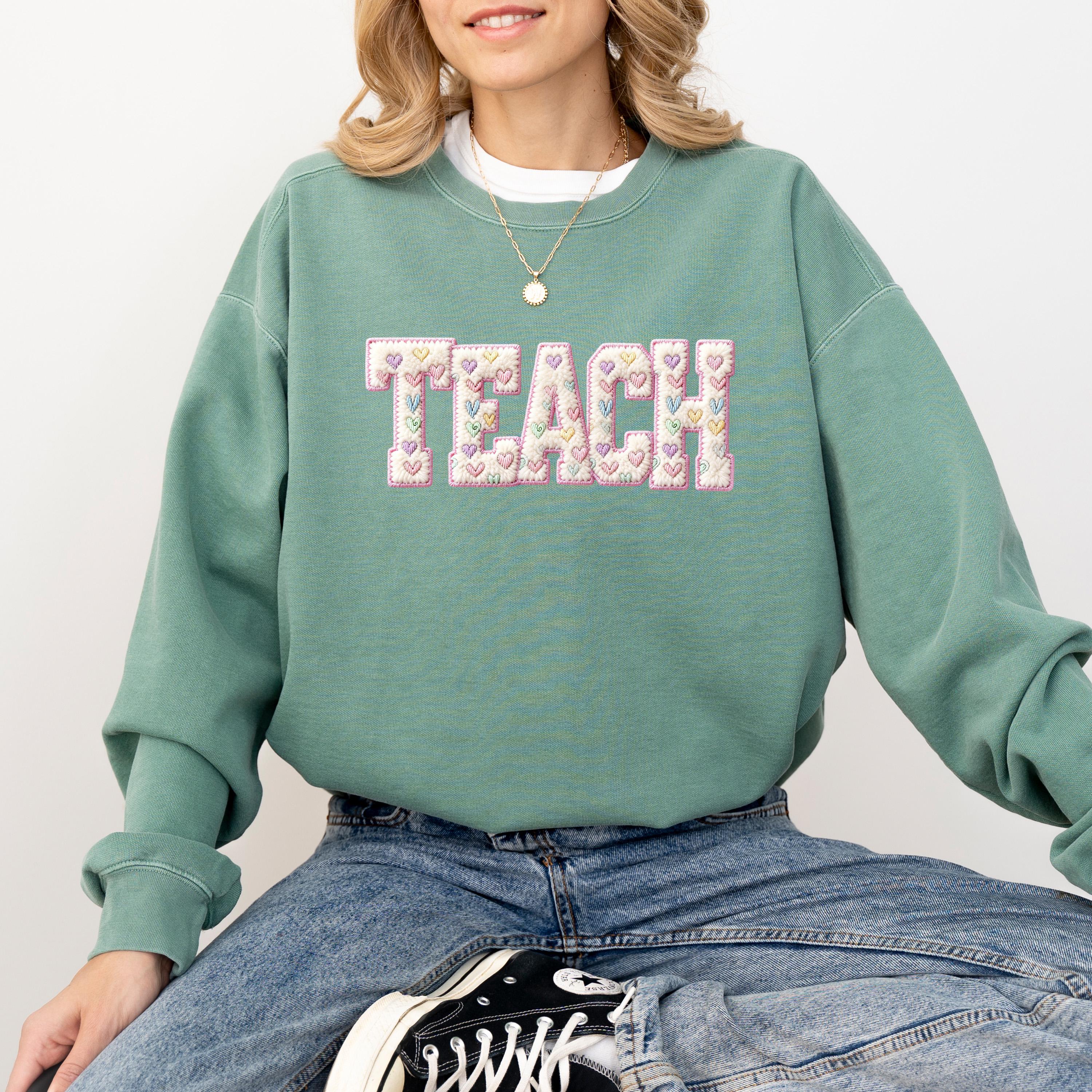 FAUX Yarn Teacher Comfort Colors Valentines Day Sweater, Valentines Day Crew Neck, Green Sweater