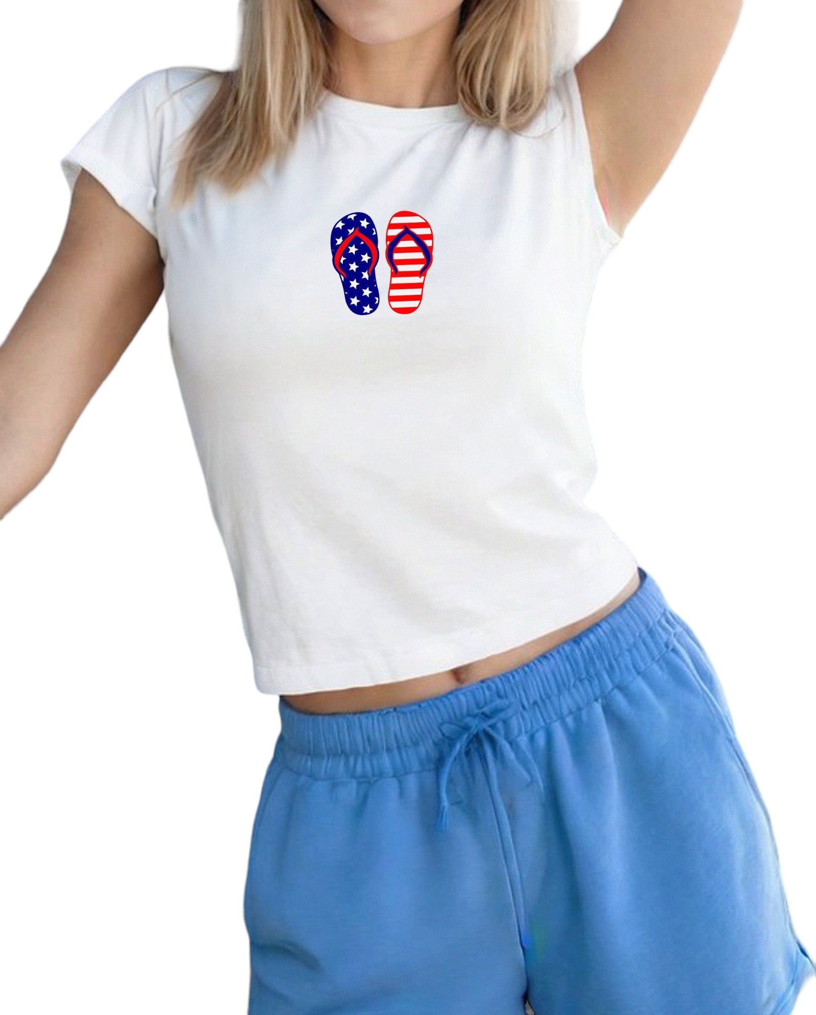 Red White and Blue Flip Flops 4th of July Baby Tee Fourth of July Design Cute 4th Baby Tee Gildan 5000B T Shirt Independence Day Cropped T