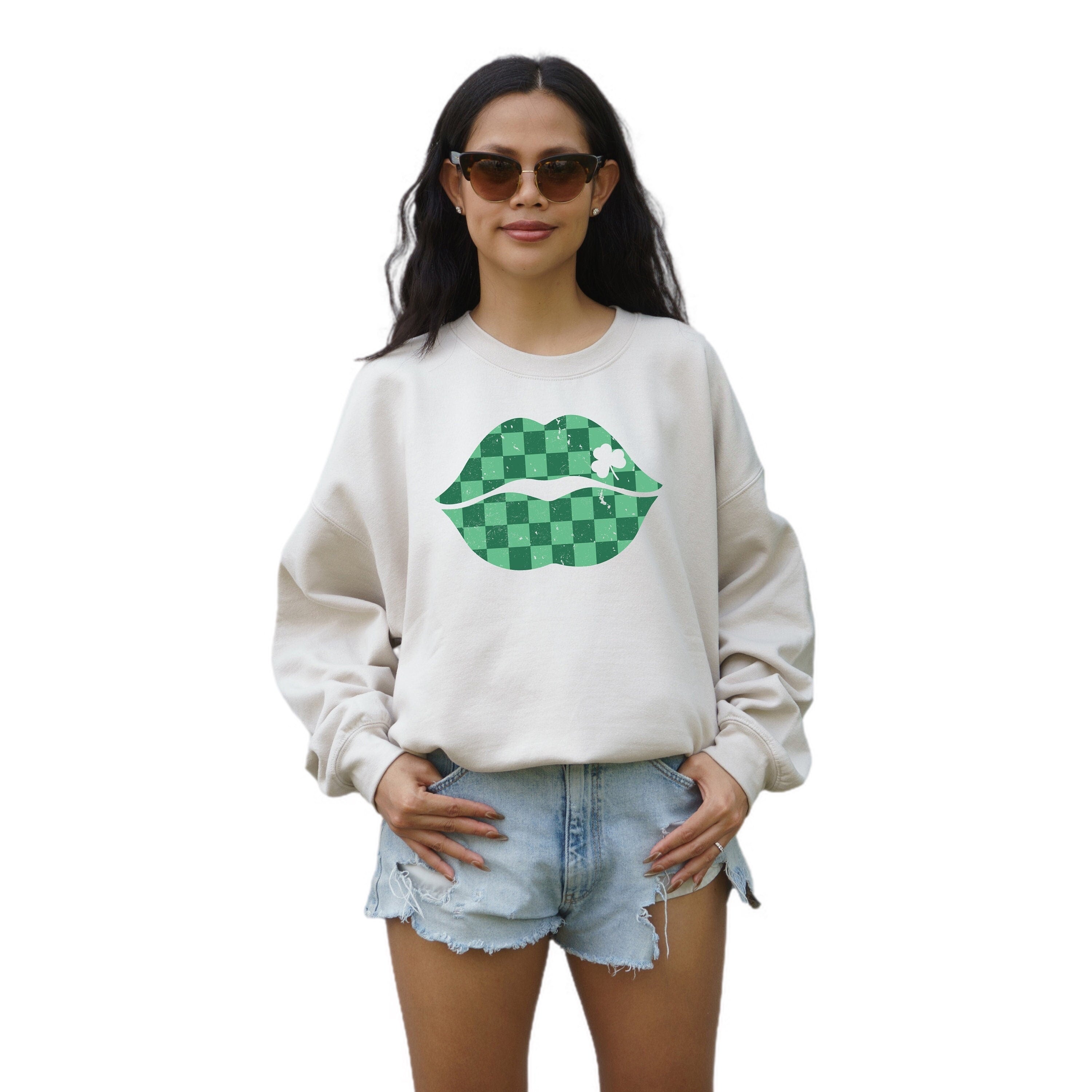 Lucky Retro Sweatshirt, Checkered Lips Sweater, St Patricks Day, Lucky Pullover, Womens Lucky