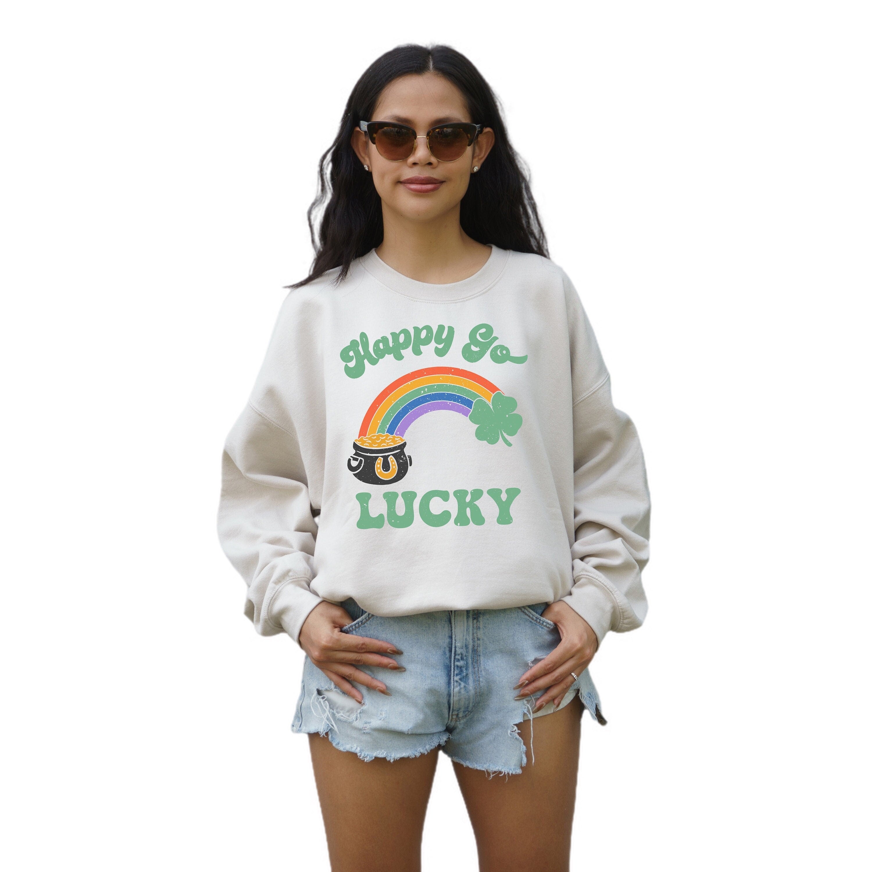 Happy Go Lucky Sweatshirt, Lucky Rainbow Sweater, St Patricks Day Sweatshirt, Lucky Pullover, Womens