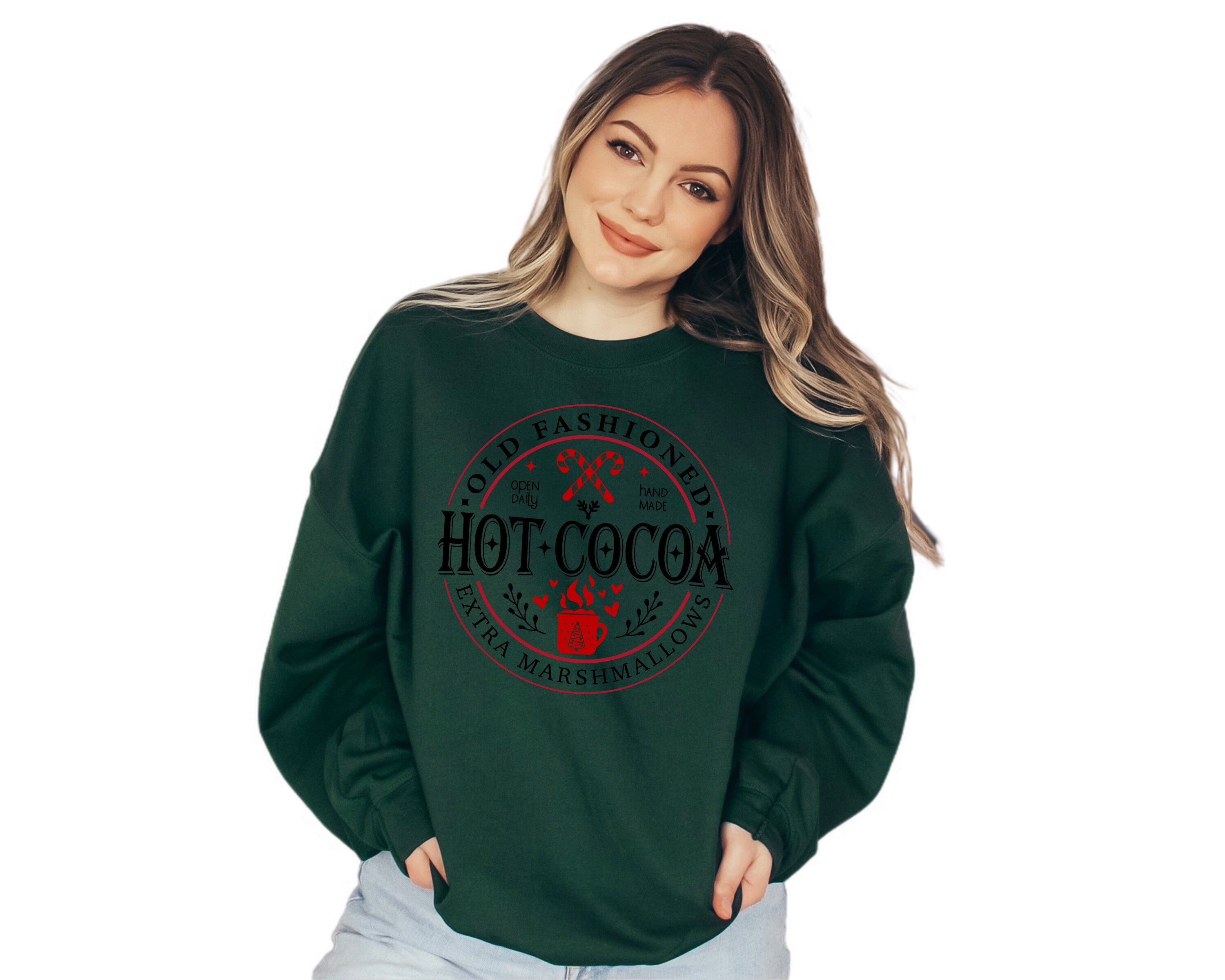 Hot Cocoa Holiday Sweater, Vintage Christmas, Christmas Sweatshirt,  Cute Santa, Xmas Graphic