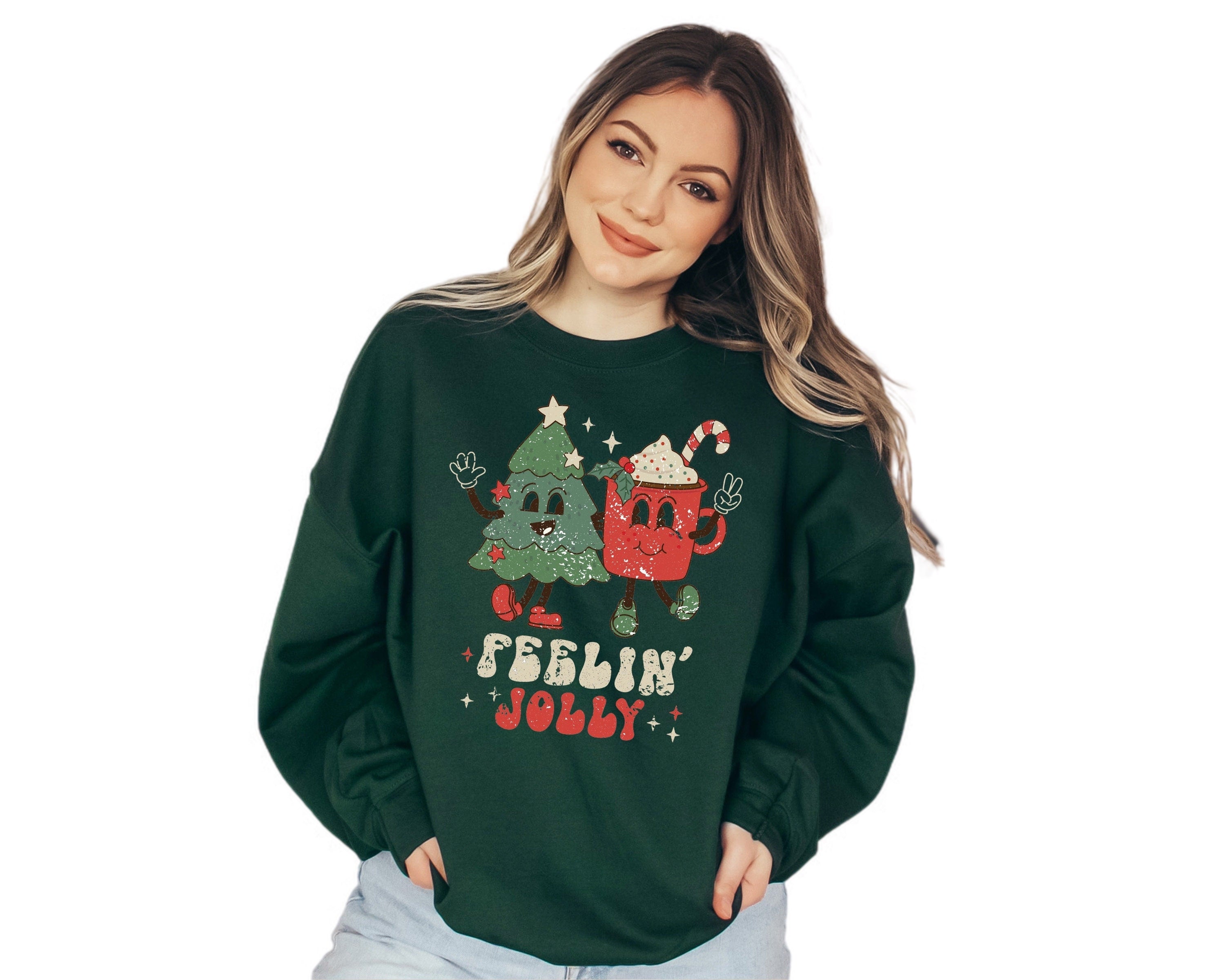 Feeling Jolly Holiday Sweater, Vintage Christmas, Christmas Sweatshirt,  Cute Santa, Xmas Graphic